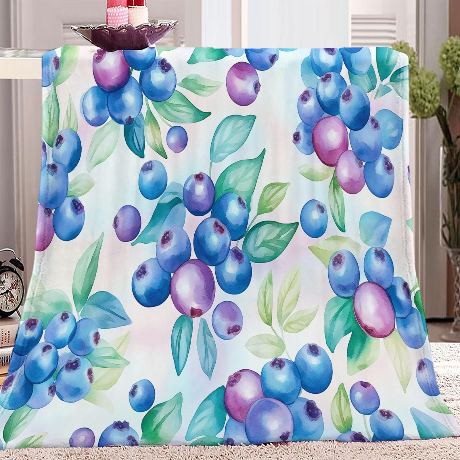 Manta Estampada 220 X 240 cálida Manta acogedora sofá Mantas Mantas de Arándanos y Hojas Coperta Microfibra Pelosa, per Letto Soggiorno Azul