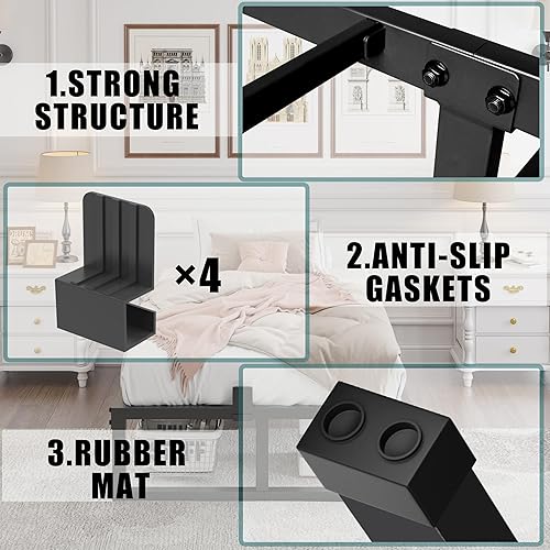 Miniatura 39 de Marco de cama de tamaño matrimonial, soporte resistente de 14 pulgadas, plataforma de metal de 3500 libras, no necesita somier, sin ruido,