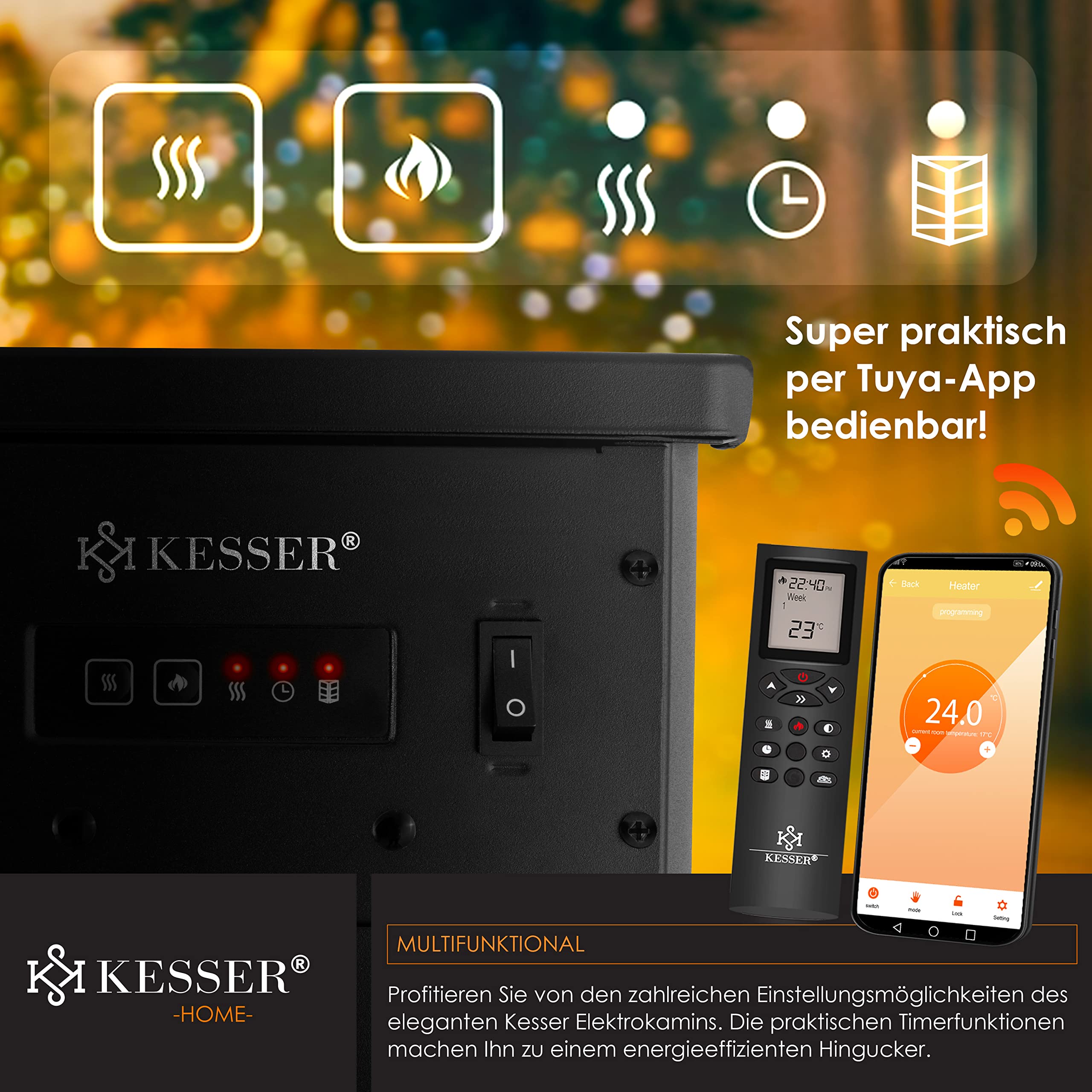KESSER® Prio Elektrokamin mit Heizung Heizlüfter Fernbedienung WiFi App 950/1900 W Kamin elektrisch LED-Flammeneffekt Kaminfeuer mit Thermostat Panorama-Sichtfenster Heizfunktion Timer