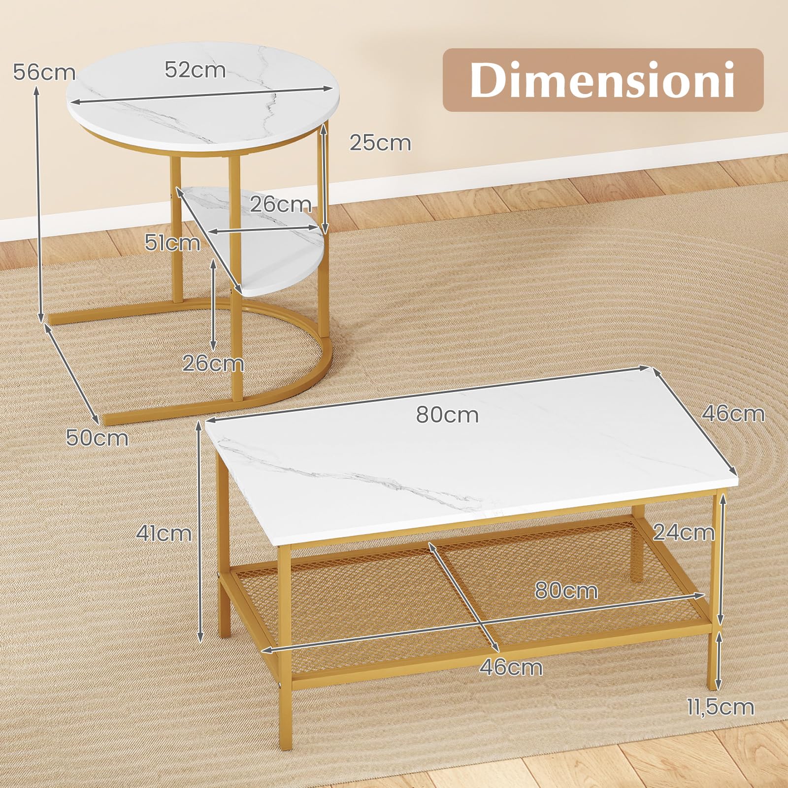 COSTWAY Set di Tavolini da Caffè Componibili, 2 in 1 Set di Tavoli Rimovibili con Piano in Marmo Sintetico, Tavolino Rotondo e Tavolino Rettangolare per Salotto e Camera da Letto (Oro)