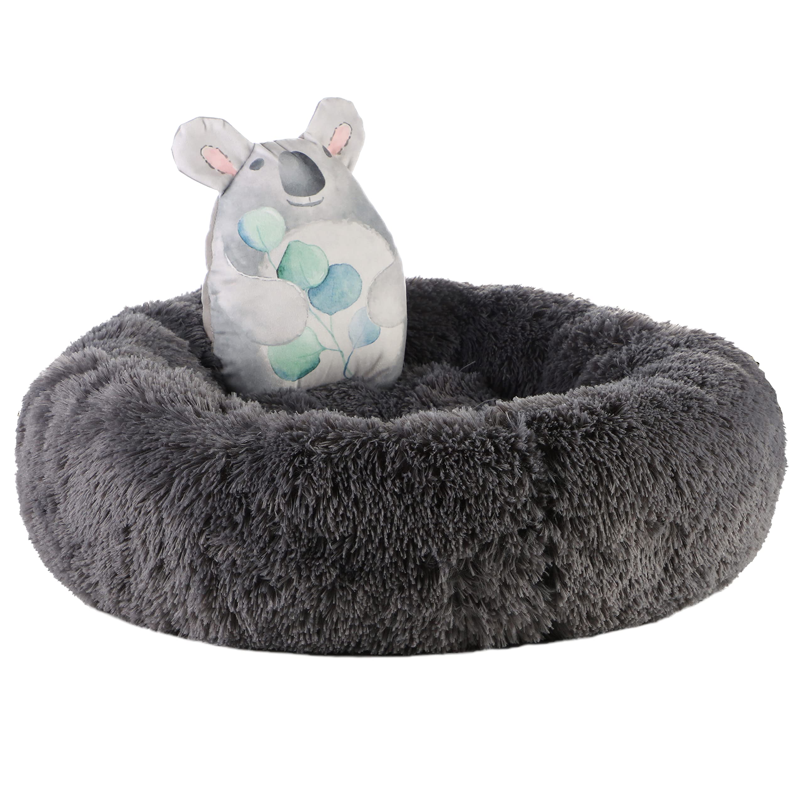 Dream Paws Calming Donut Dog Bed for Small Dogs & Cats, Fluffy Anti-Anxiety Pet Bed with Soft Faux Fur, Washable Plush Round Cuddler Bed with Squeak Toy, Non-Slip Base | Charcoal 58x58cm
