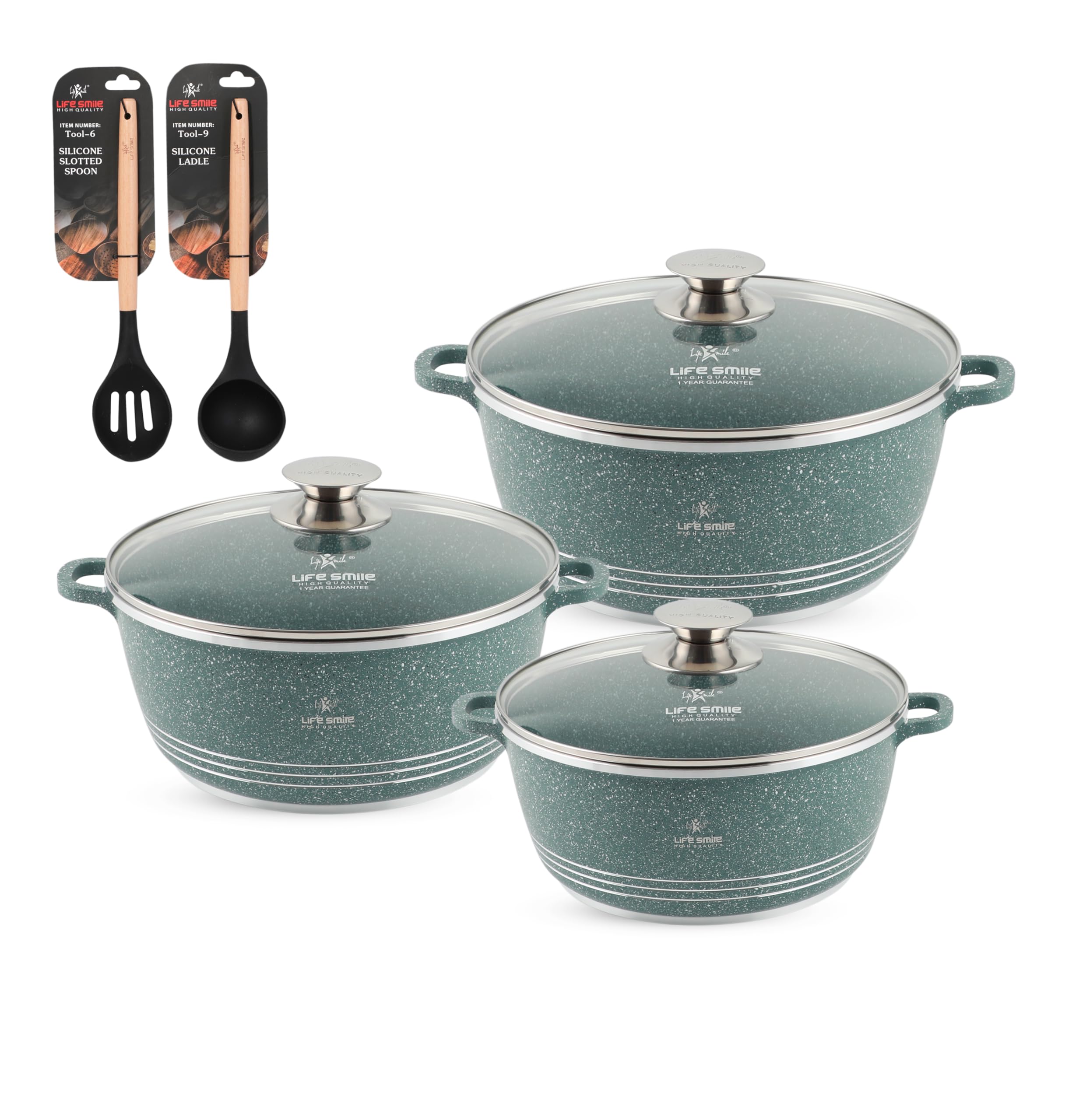 LIFE SMILE Pots Set 8 pieces - Kitchen Cookware set, Granite Non Stick Coating, Die Cast aluminum 100% PFOA FREE include Casseroles & Silicone Utensils (Green (20/24/28CM))