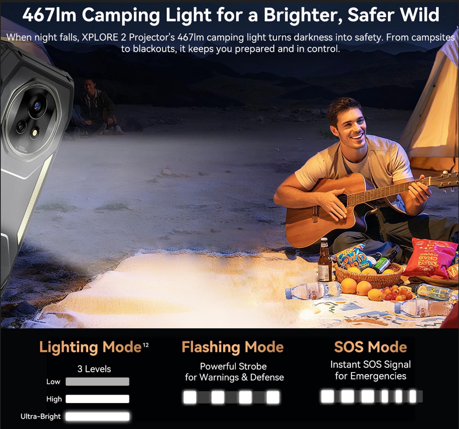 5G IA Proyector Smartphone Resistente Blackview XPLORE 2, 48GB+1TB, Proyección 100'', 6.73'' 3.2K HDR Pantalla, 467lm Luces de Camping, Visión Nocturna 50MP, Batería 20000mAh, IP68 Teléfono Irrompible