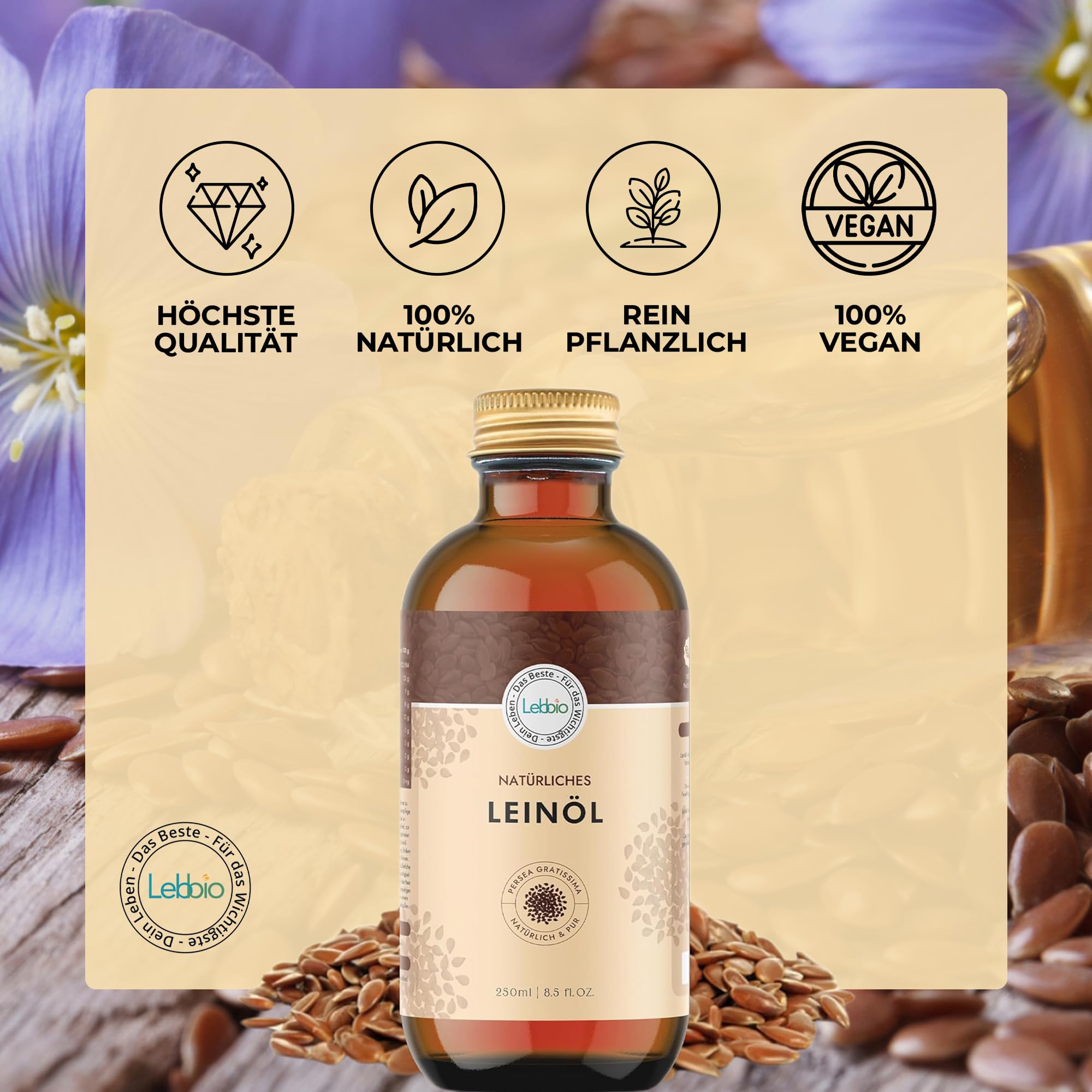 LEBBIO Huile de lin 250 ml [100 % naturelle et pressée à froid] Huile de lin vierge – Riche en acides gras oméga 3 insaturés, antioxydants et calcium, huile Flaxseed Oil non filtrée, 100 % naturelle