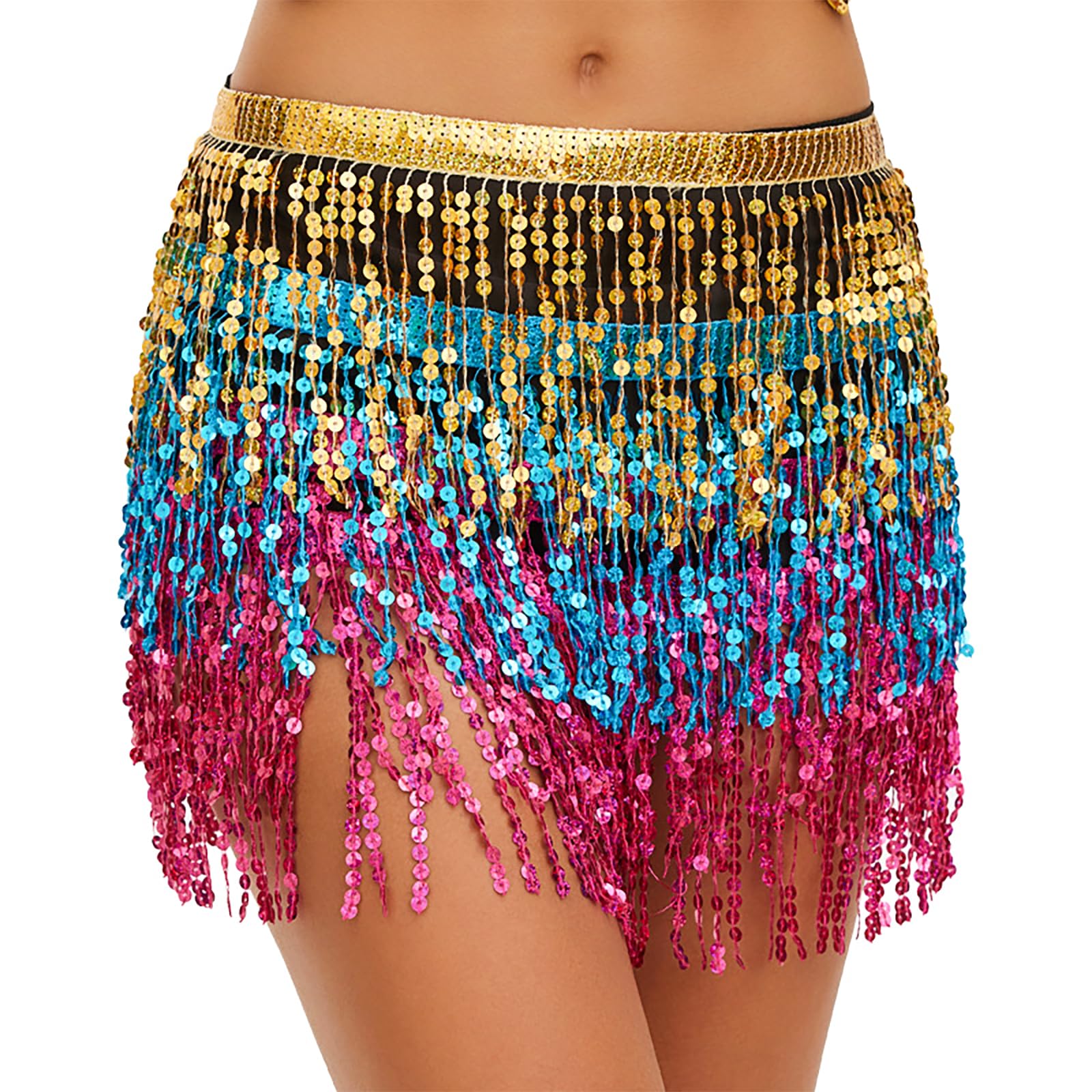 Baisdan Women's Multicoloured Belly Dance Dancer Costume Sequin Tassel Fringe Hip Scarf Belt Waist Wrap Skirt Multicolor