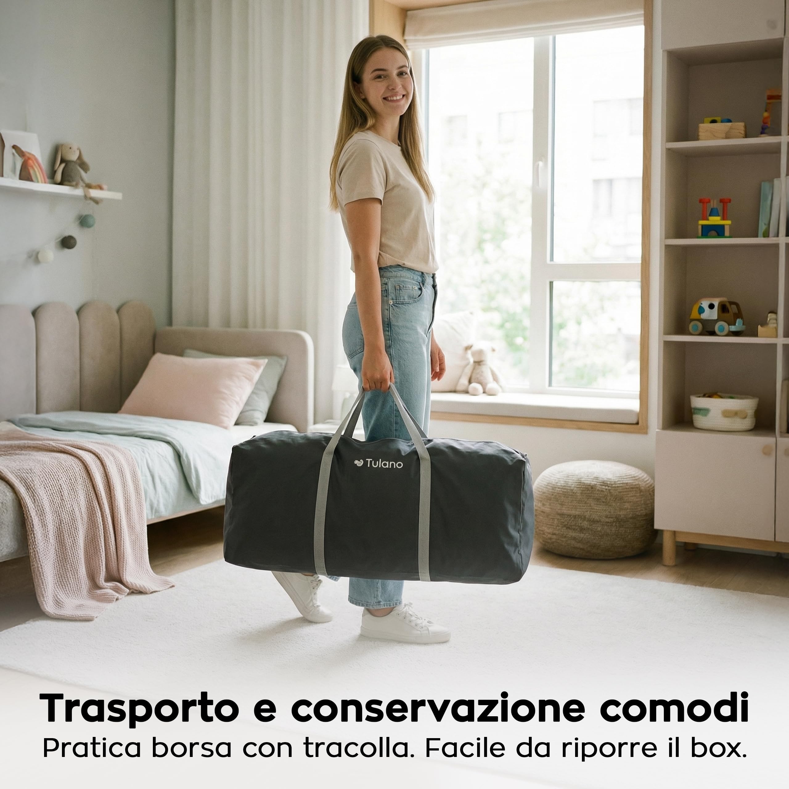 Tulano Cozy 25 Box per Bambini 150x180 cm 6-36 mesi Recinto Neonato con Fondo Struttura in Metallo Rete Traspirante Porta con Cerniera Borsa Inclusa Grafite