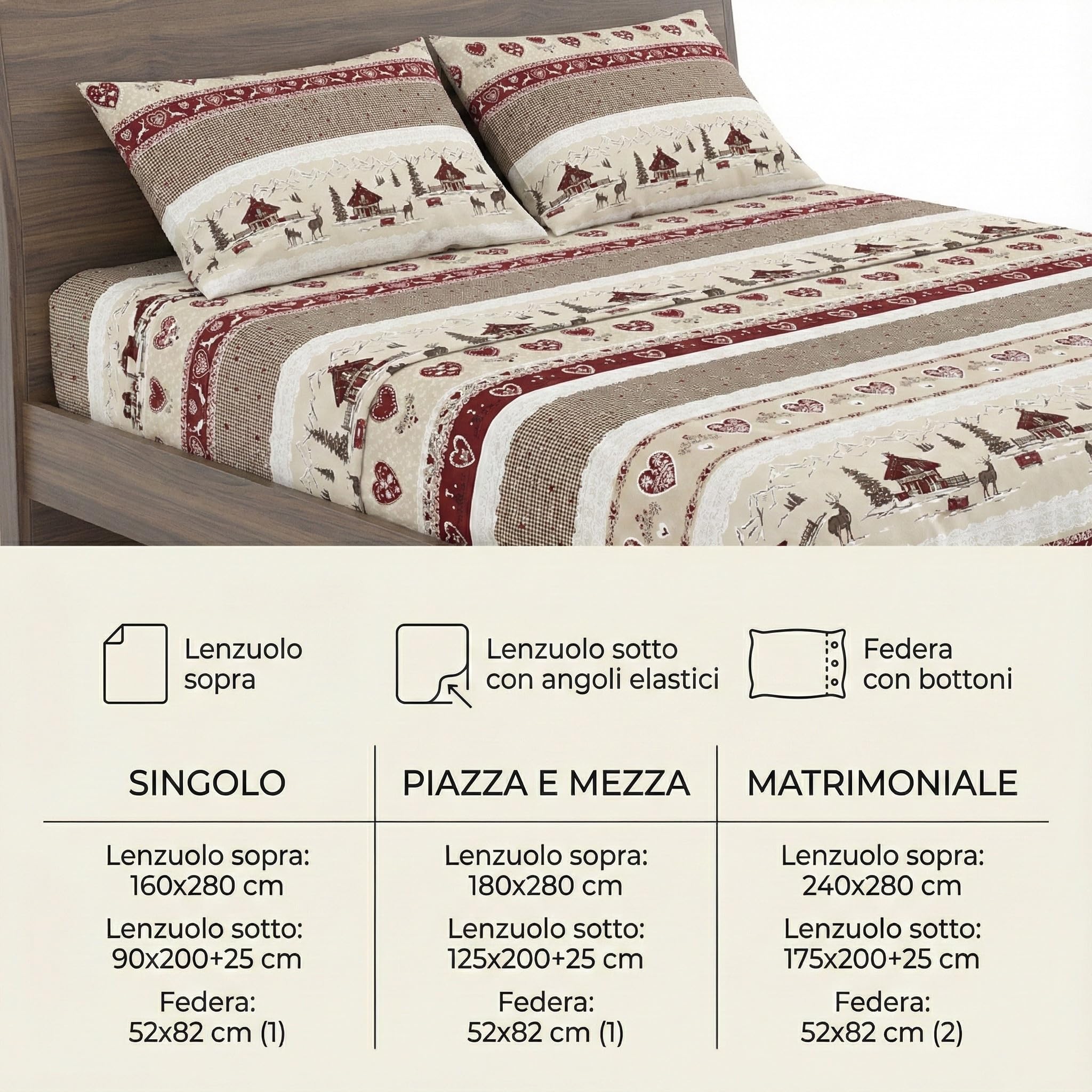 Tex family Completo Lenzuola Tirolese Valbadia - 100% Cotone Made in Italy - Stile Montagna Cervi e Baite - Due Piazze