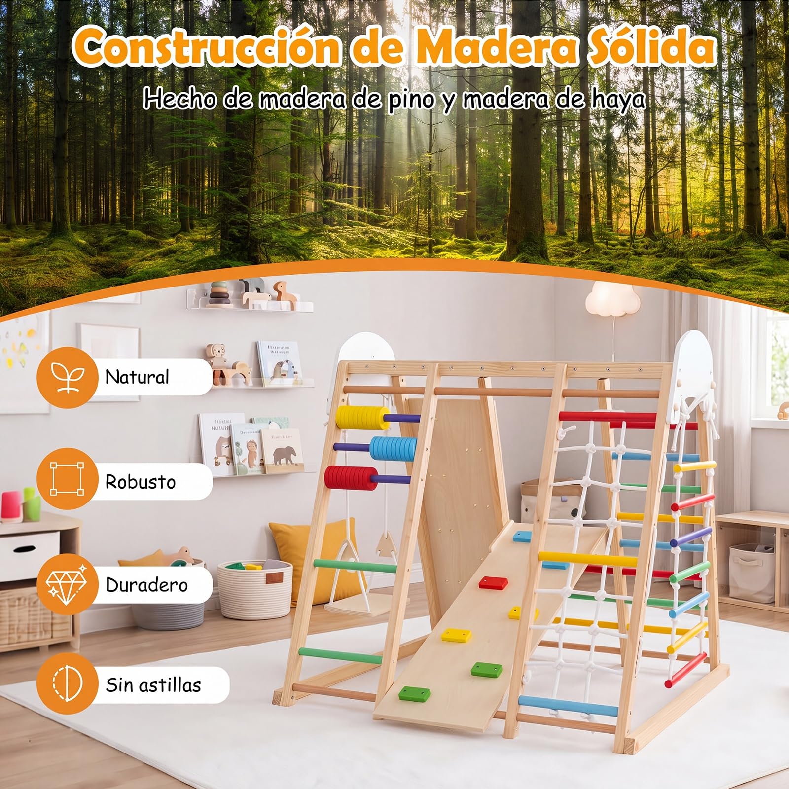 COSTWAY 8 en 1 Estructura de Escalada para Niños,Madera Maciza (Multicolor) | Juego de Escalada Montessori con Pared de Escalada, Barras de Mono y Columpio para Habitación Infantil Sala de Juego