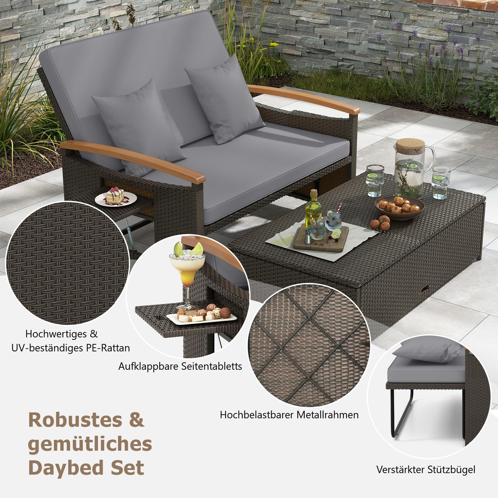 GIANTEX Lounge Möbel Outdoor, Gartensofa mit Liegefunktion, Outdoor Sofa | 3-in-1 Design, Stauraum, weichen kissen, Doppelliege Outdoor 2 Personen, Rattan Gartenliege, Gartenlounge, für Garten Balkon