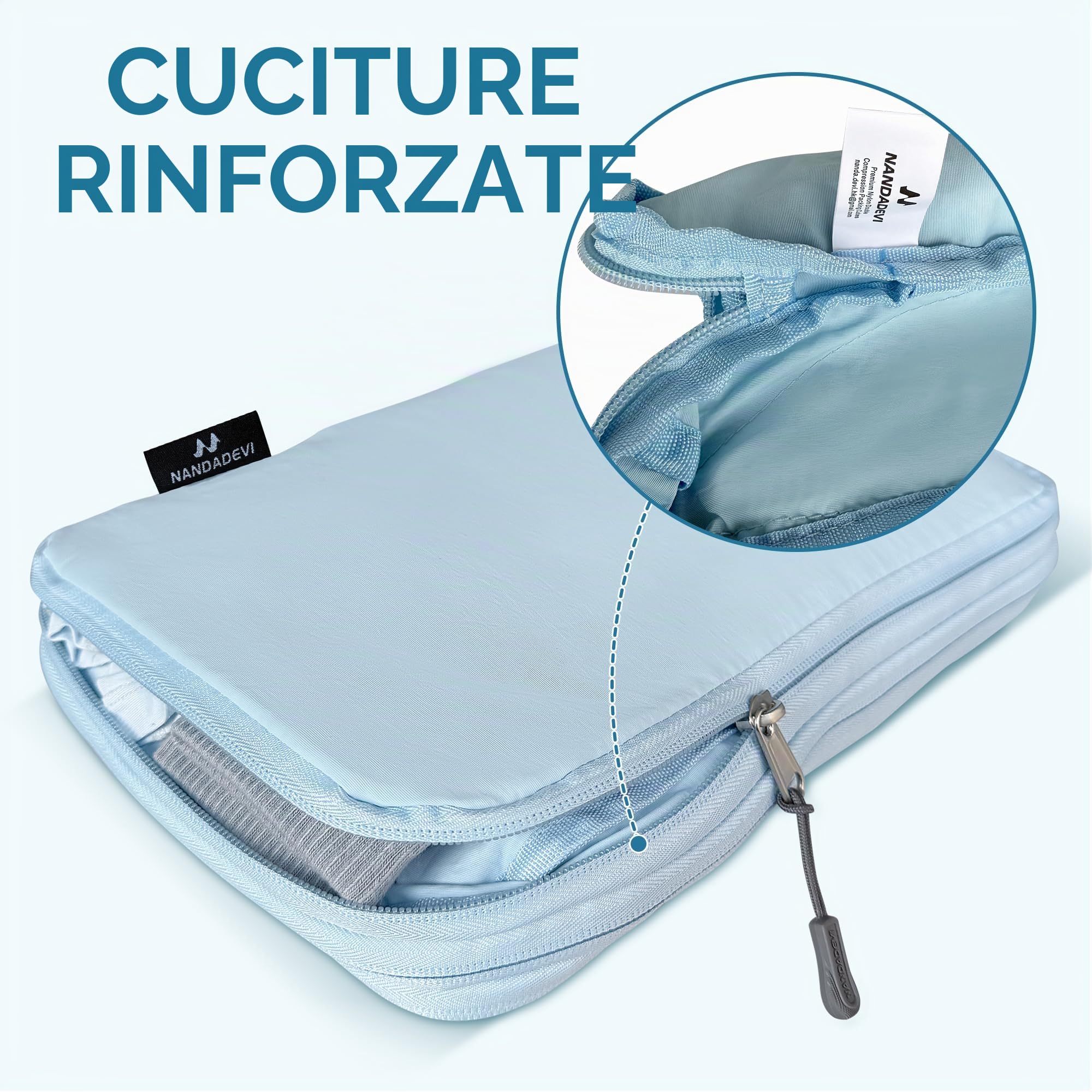 NANDADEVI Organizer per Valigia, Packing Cubes, Gadget da Viaggio, Essenziali da Viaggio, Organizer per Valigie e Zaini (S+M+L - Blu Chiaro)