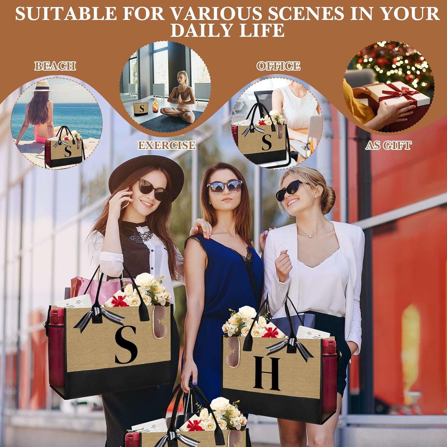 Aliceset Initial Tote Bags for Women Christmas Gifts Initial Jute Tote Bag Makeup Bag Glass Coffee Cup for Christmas - Image 5