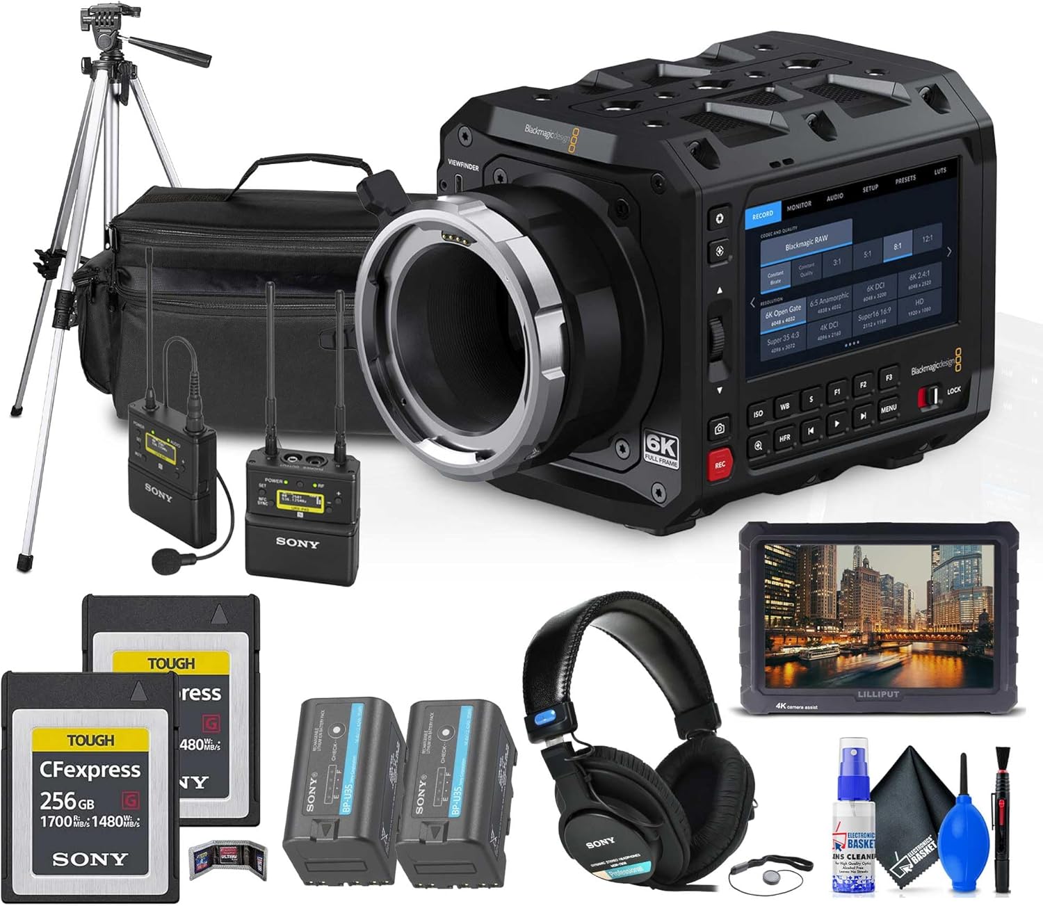 Blackmagic Design Pyxis 6K Full-Frame Cinema Box Camera (Canon EF) (CINECAMCPYXD60LFEF) + Mic System + 2 x 256GB CFexpress Type B Card + Monitor + Pro Headphones + Case + Tripod + More
