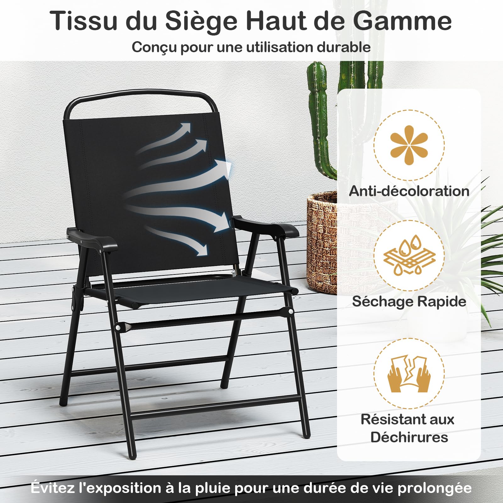 GOPLUS 6Pcs Salon de Jardin Exterieur 4 Personnes avec 4 Chaises Pliantes en Textilène, Table Basse en Verre Trempé et Parasol Jardin, pour Patio, Balcon et Terrasse (Table+Chaises+Parasol,Noir)