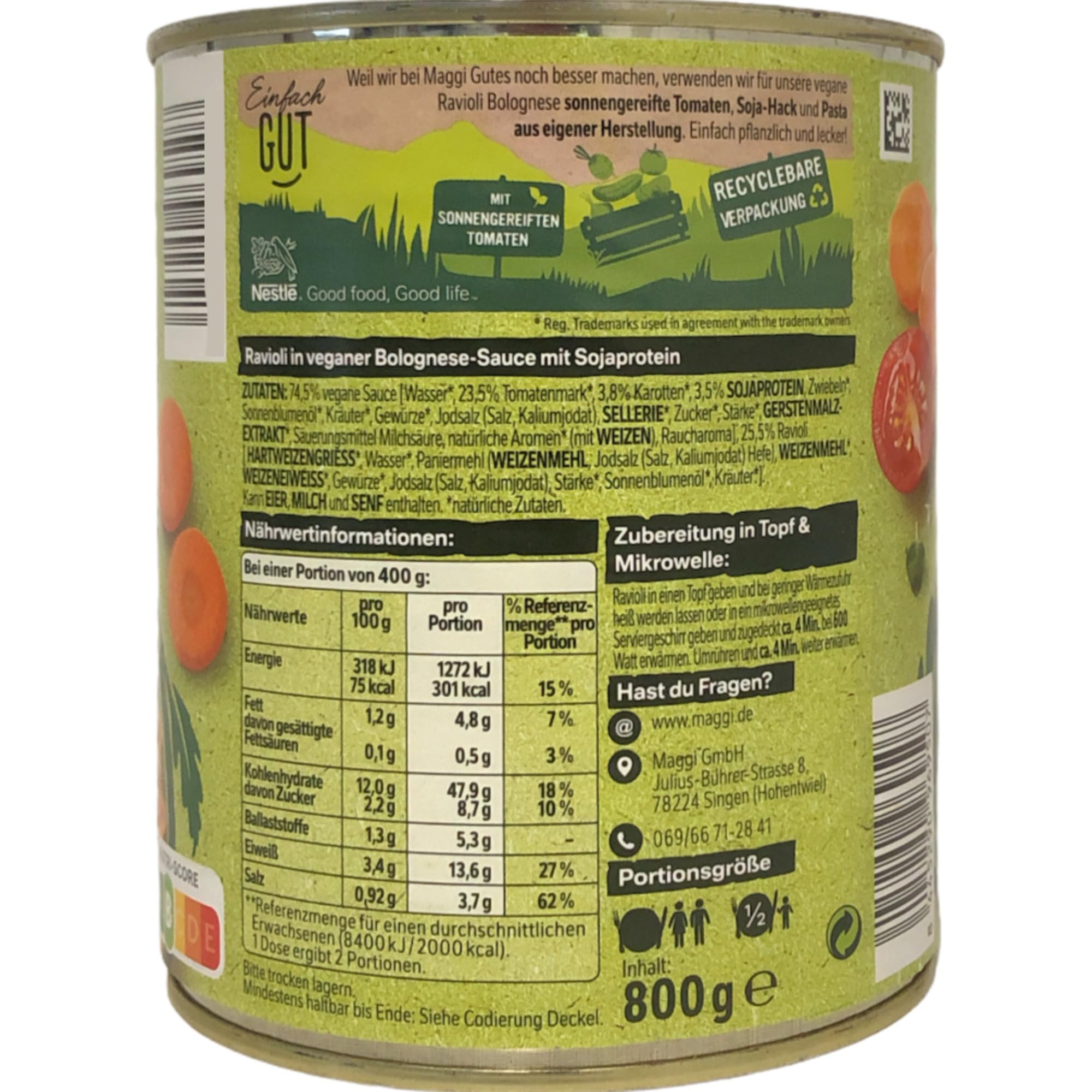 usy Bundle für Maggi Ravioli Bolognese mit Soja-Hack vegan 6er Pack (6x800g Dose) + usy Block