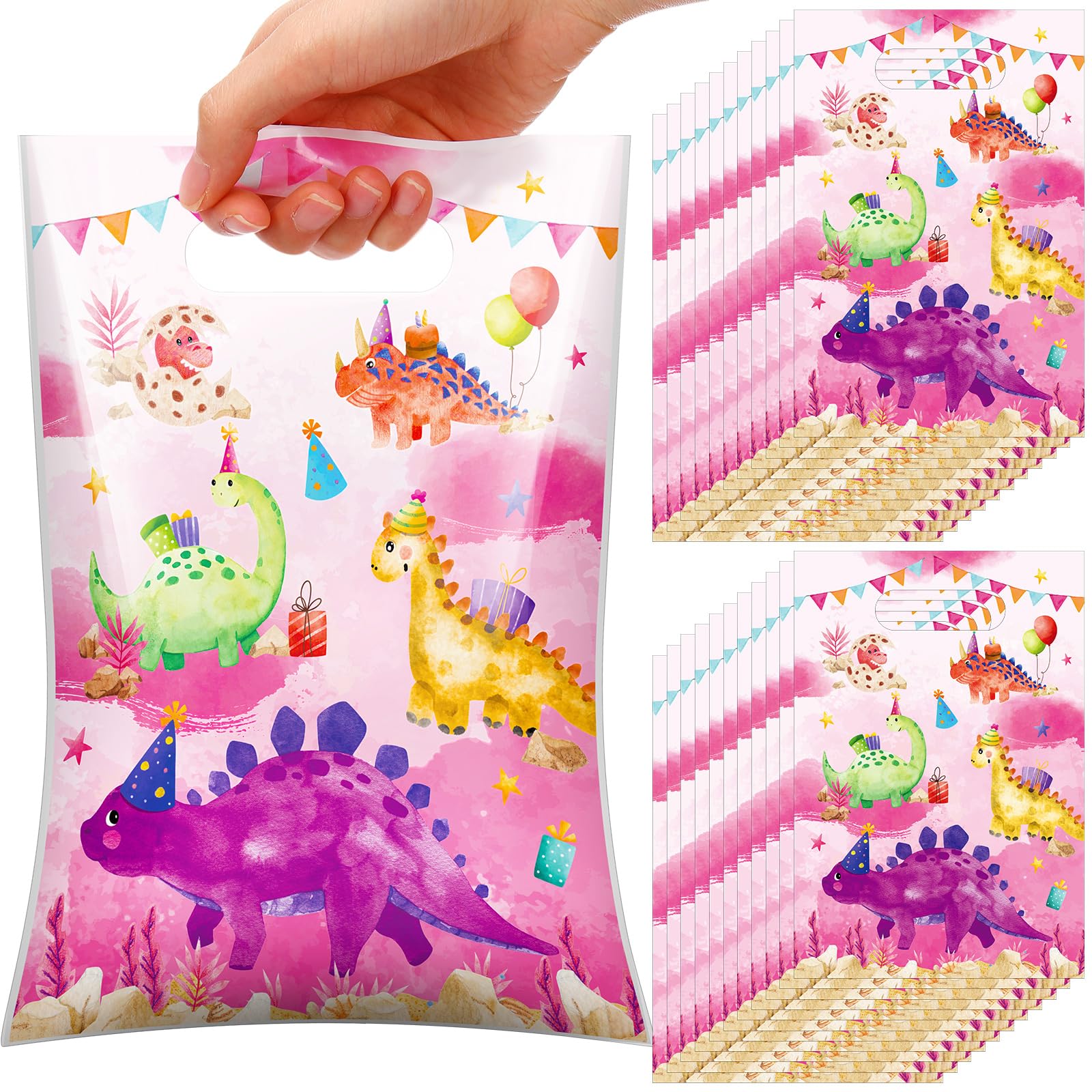 Teenyyou 100 Pcs Watercolor Dinosaur Party Favor Bags Pink Dino Birthday Goodie Candy Treat Bag Dinosaur Plastic Favor Package with Handles for Pink