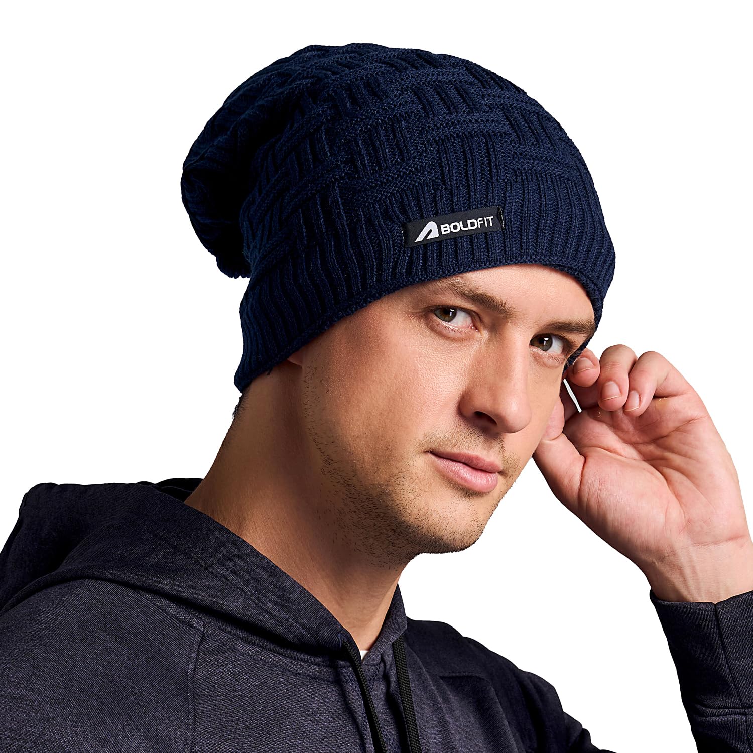 BoldfitNavy Blue Woolen Beanie Cap – Stretchable, Thermal Winter Wear for Men & Women, Long Skull Cap for Cold Weather Protection