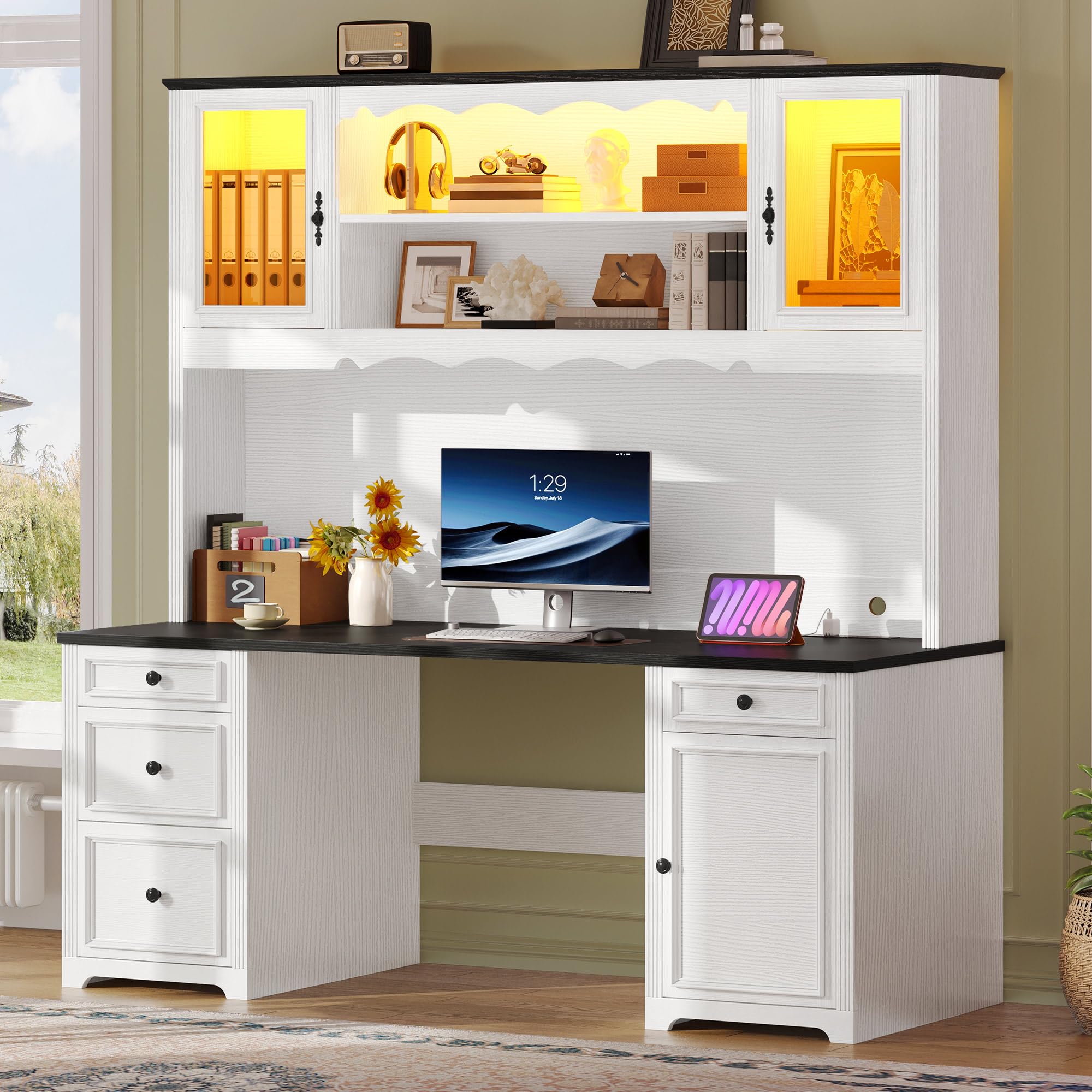 YITAHOME Executive Desk with Hutch and Drawers, Farmhouse Computer Desk with Power Outlet & LED Lights, Home Office Desks with Storage Shelves,