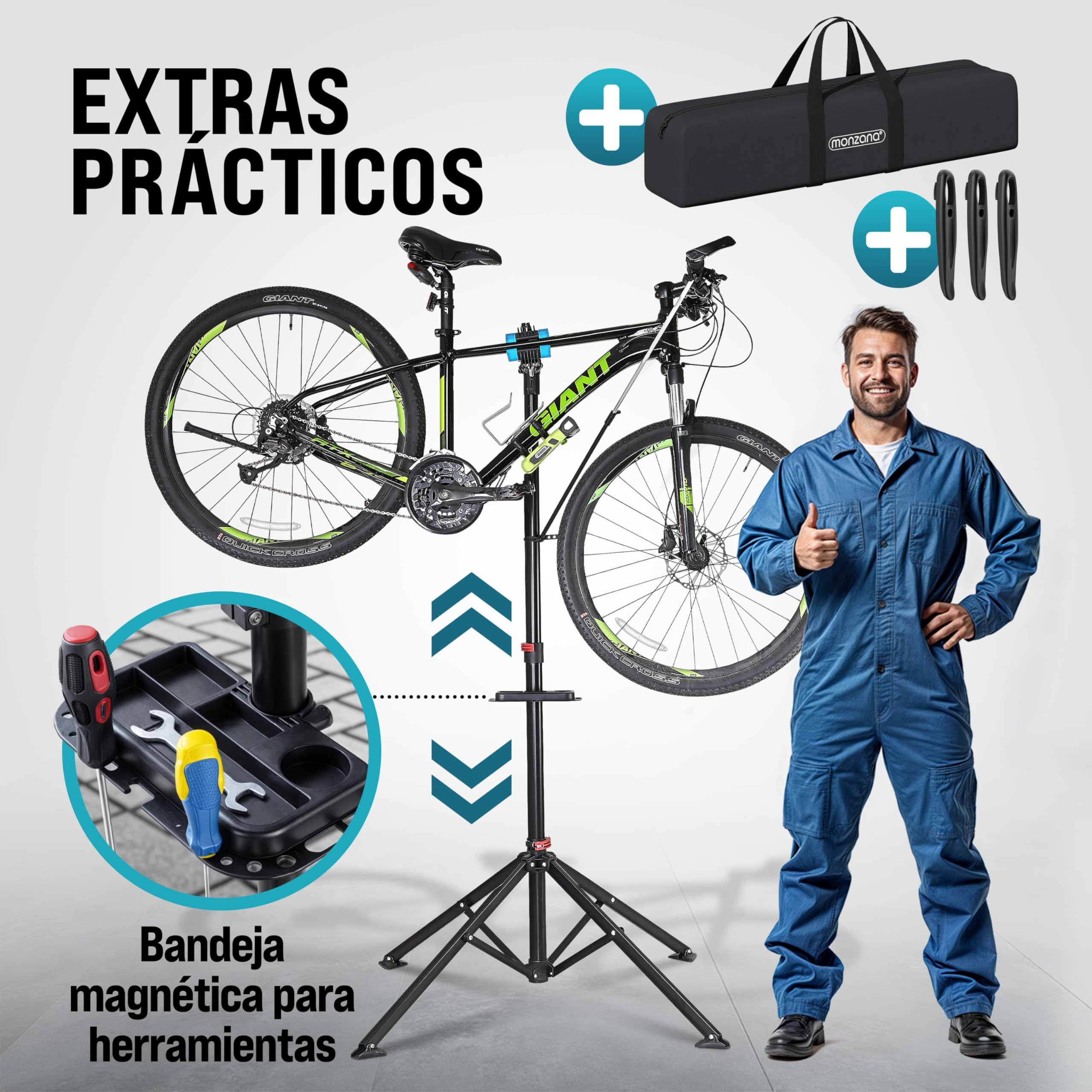 MONZANA® Caballete para Bicicleta Plegable Soporte Montaje Altura Regulable 108-190cm Barra Telescópica Giratoria 360° Estable con Bolsa Carga hasta 30Kg