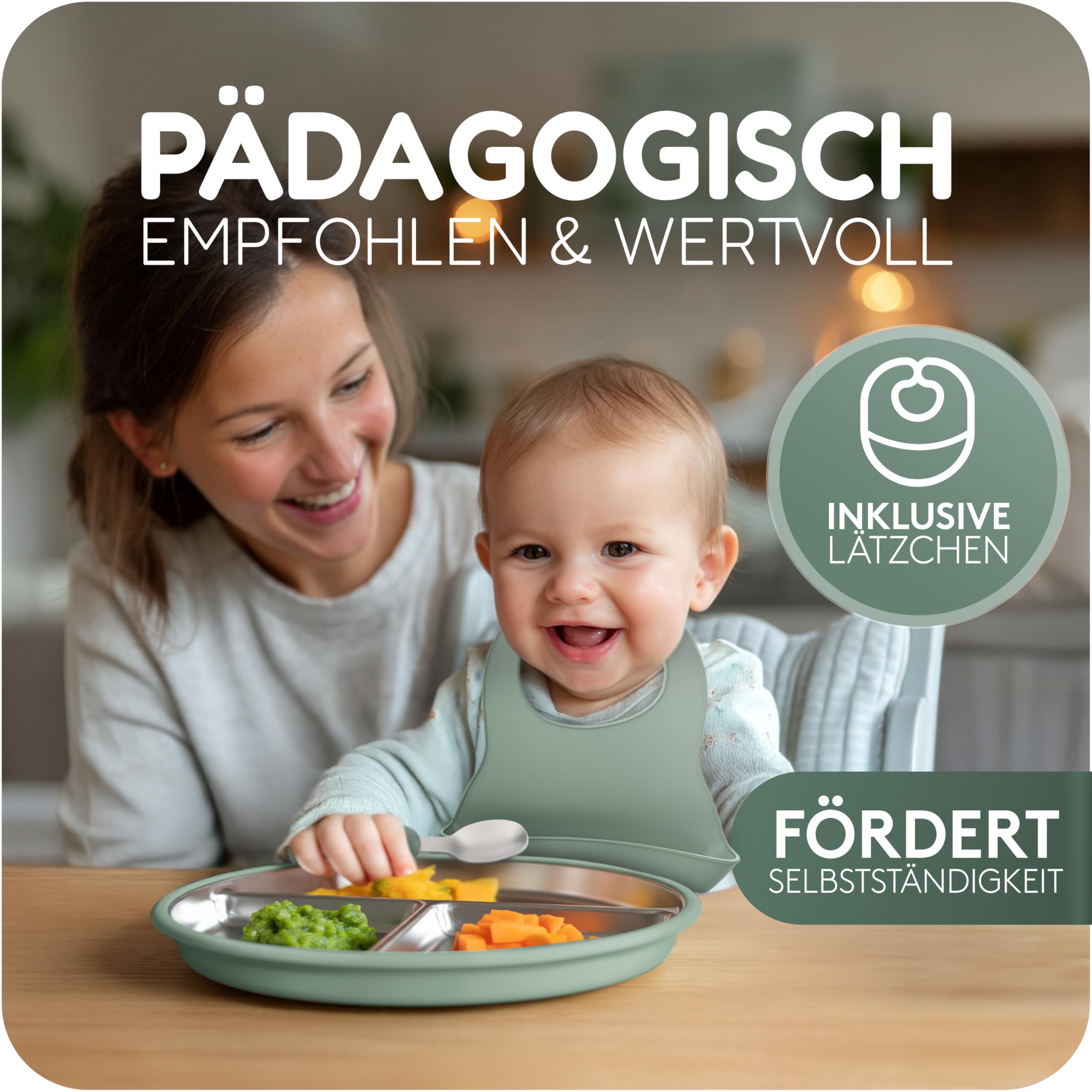 mamou Edelstahl-Kindergeschirrset 6-teilig | Teller & Schüssel mit Deckel, Besteck & Lätzchen | BPA-frei, hygienisch & geschmacksneutral | Nachhaltig & langlebig | Babys & Kleinkinder