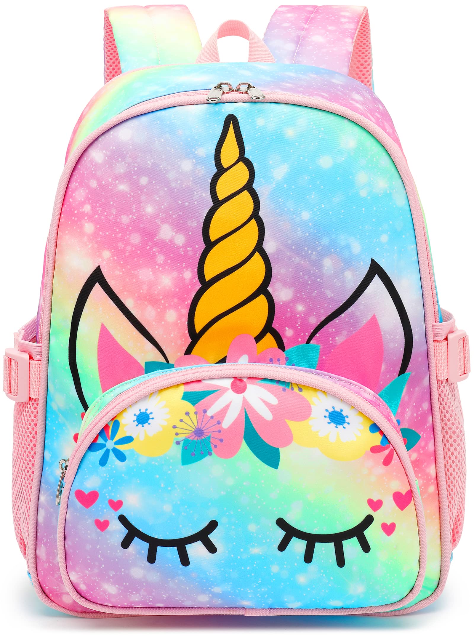 Kids Backpack Girls School Backpack Preschool Kindergarten Unicorn Toddler BookBag with Chest Clip (Slanting Rainbow)