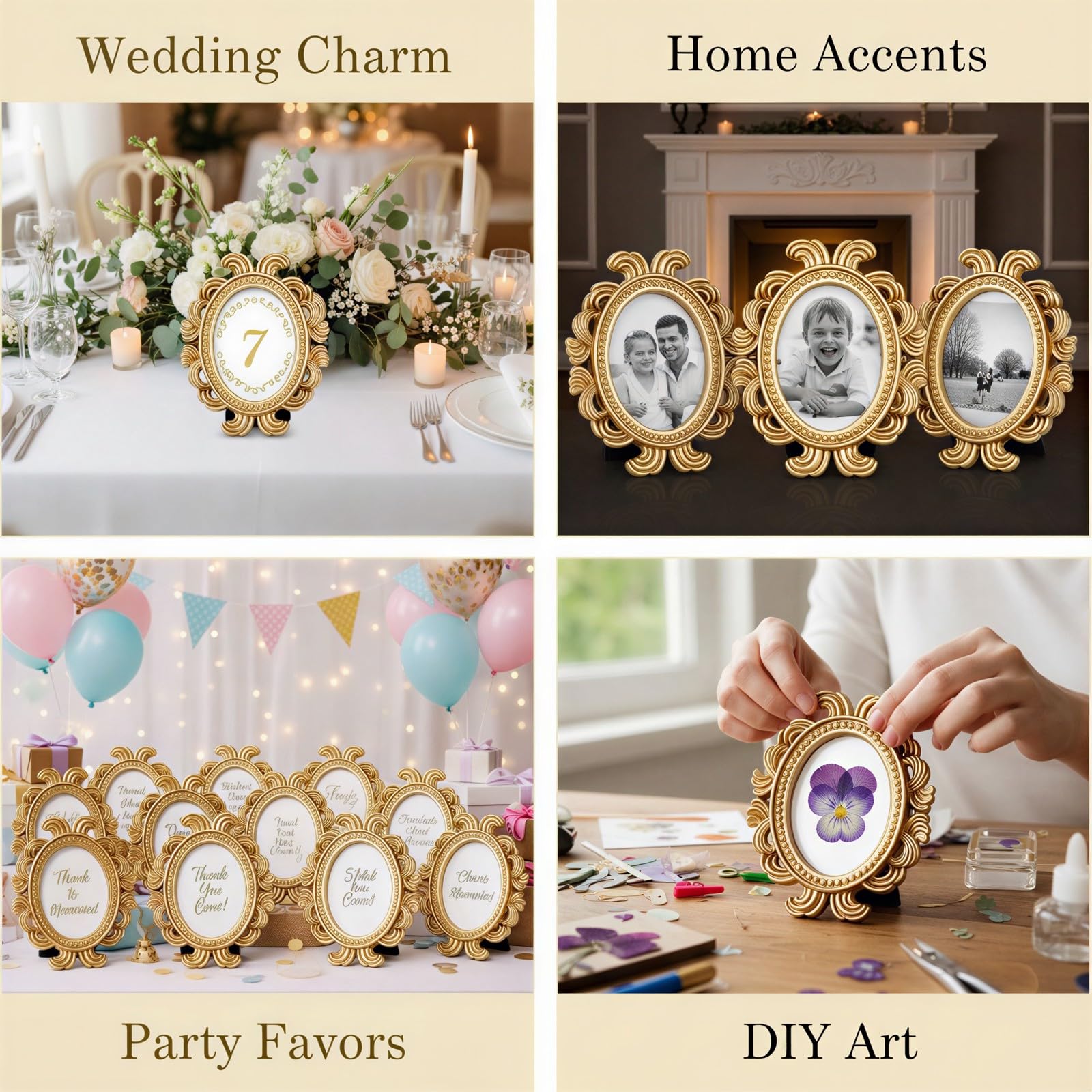 Lot de 12 mini cadres photo ovales dorés en résine sculptée baroque - 9,5 x 8 x 1,2 cm - Décoration de table ou murale pour photos à faire soi-même, décorations de mariage et de fête