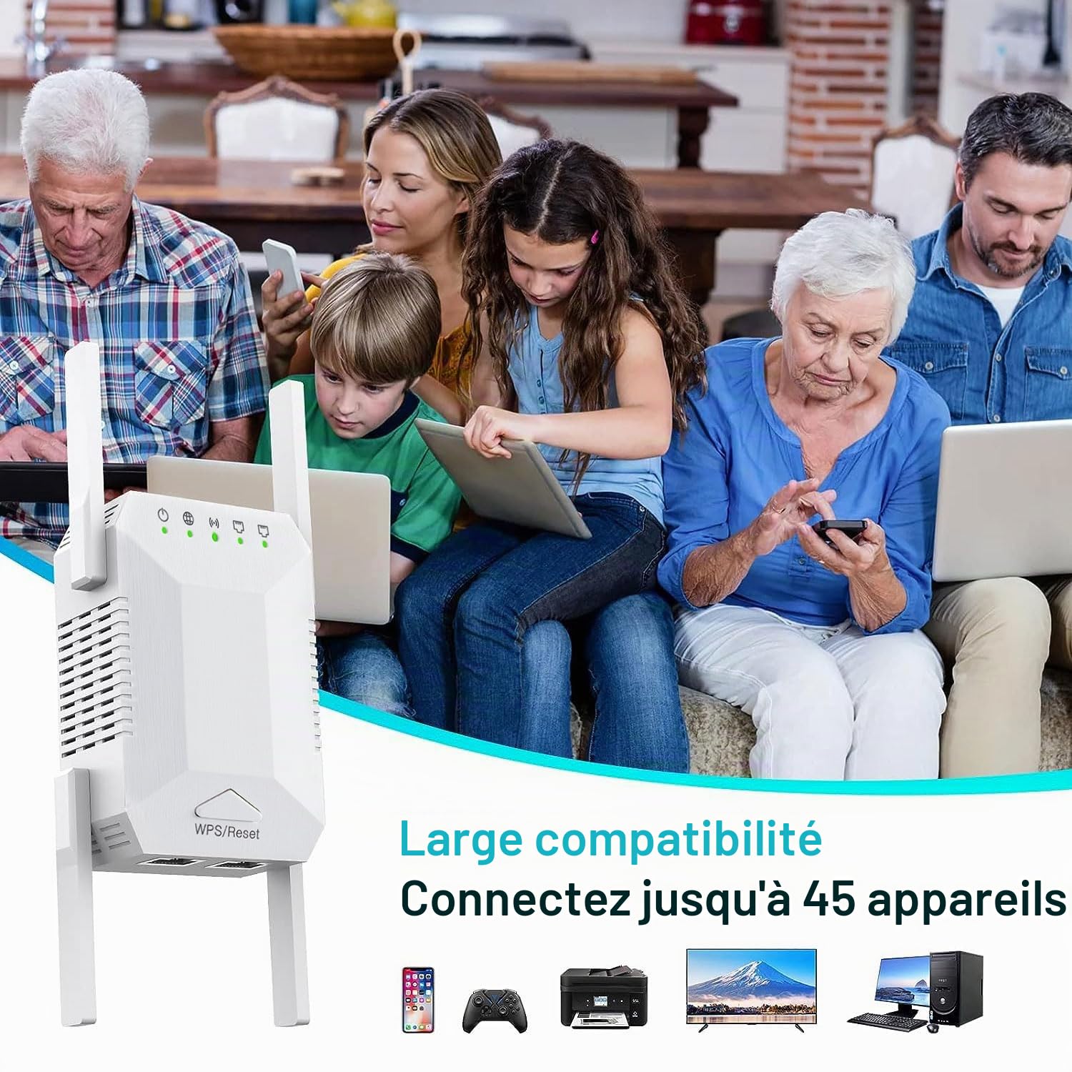 Répéteur WiFi, Home Internet Wireless Extender, 4 Antennes, Couverture Plus Large, Amplificateur de Signal WiFi avec,Port Ethernet, Compatible avec La Plupart des Appareils
