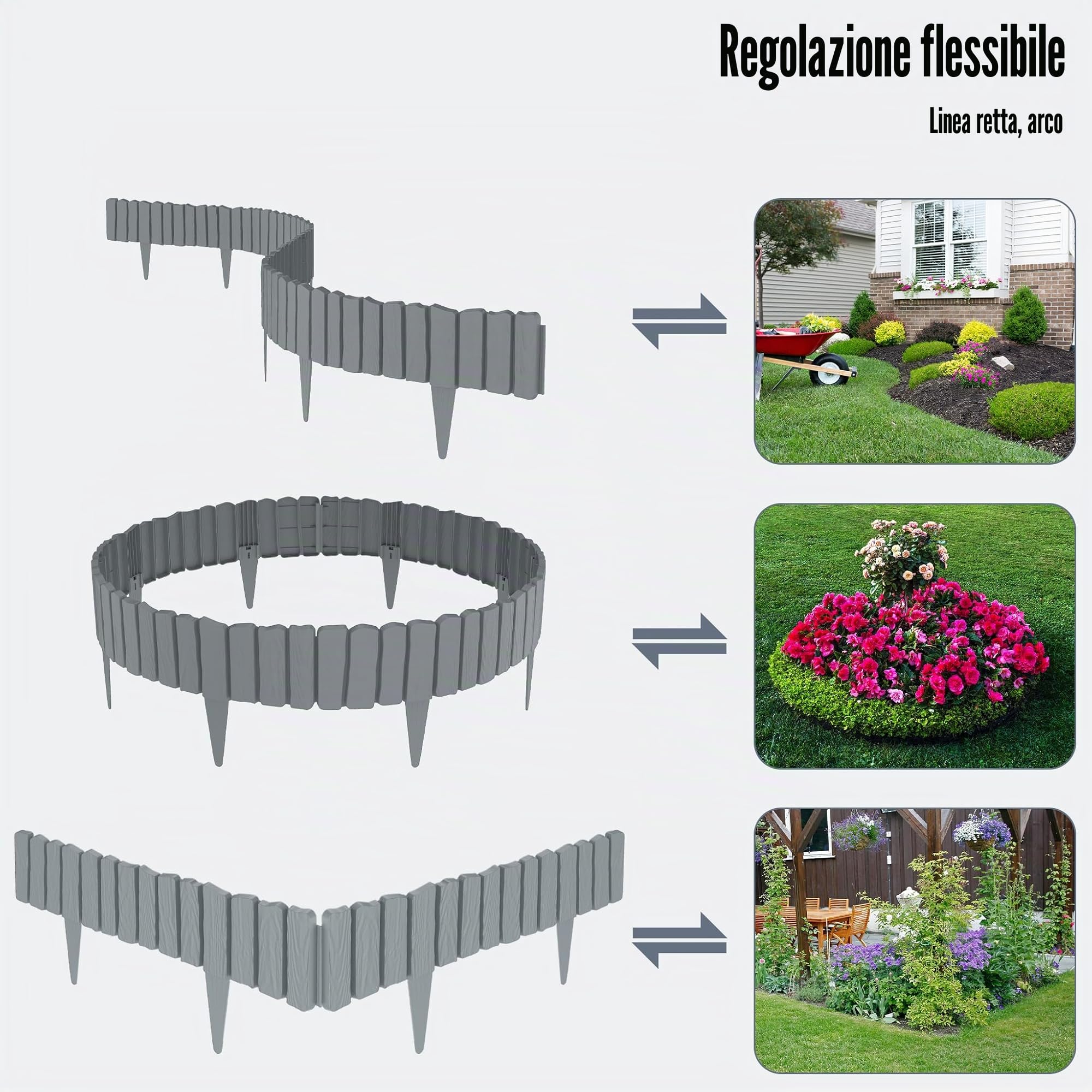 FIVMEN Bordo per prato, in plastica, 4,6 m, effetto legno, bordatura per aiuole con perni da 10 cm, imitazione delle venature del legno, per giardino, grigio