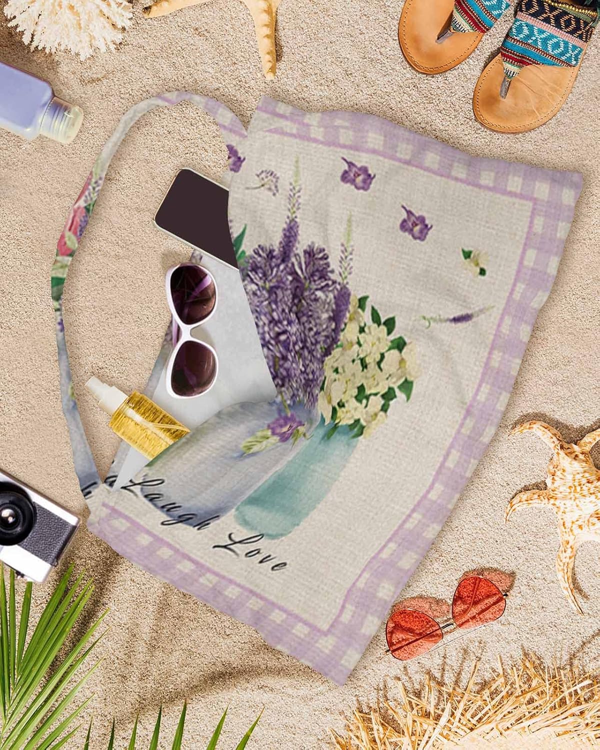 Purple White Buffalo Plaid Beach Pool Patio Lounge Chaise Chair Cover Towel With Pockets,Absorbent & Quick Dry Microfiber Towel Cover Bag Summer Sunbathing Accessories Lavender Tulips Flower Farmhouse