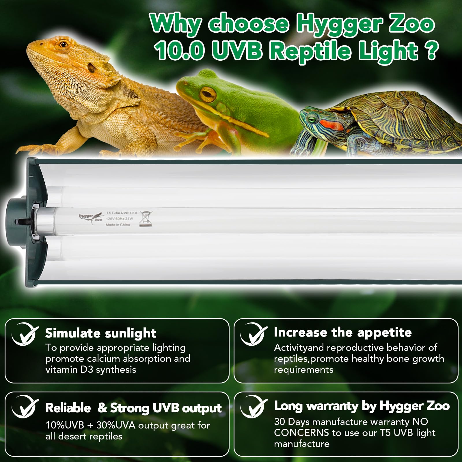 T5 Reptile Light Fixture Green Combo Kit 8W Light Fixture Reptile Terrarium Hood 10.0 UVB Light Bulb Fluorescent Tube Ideal for Tropical and Deserts Such as Bearded Dragon Lizards and Tortoises - image 3