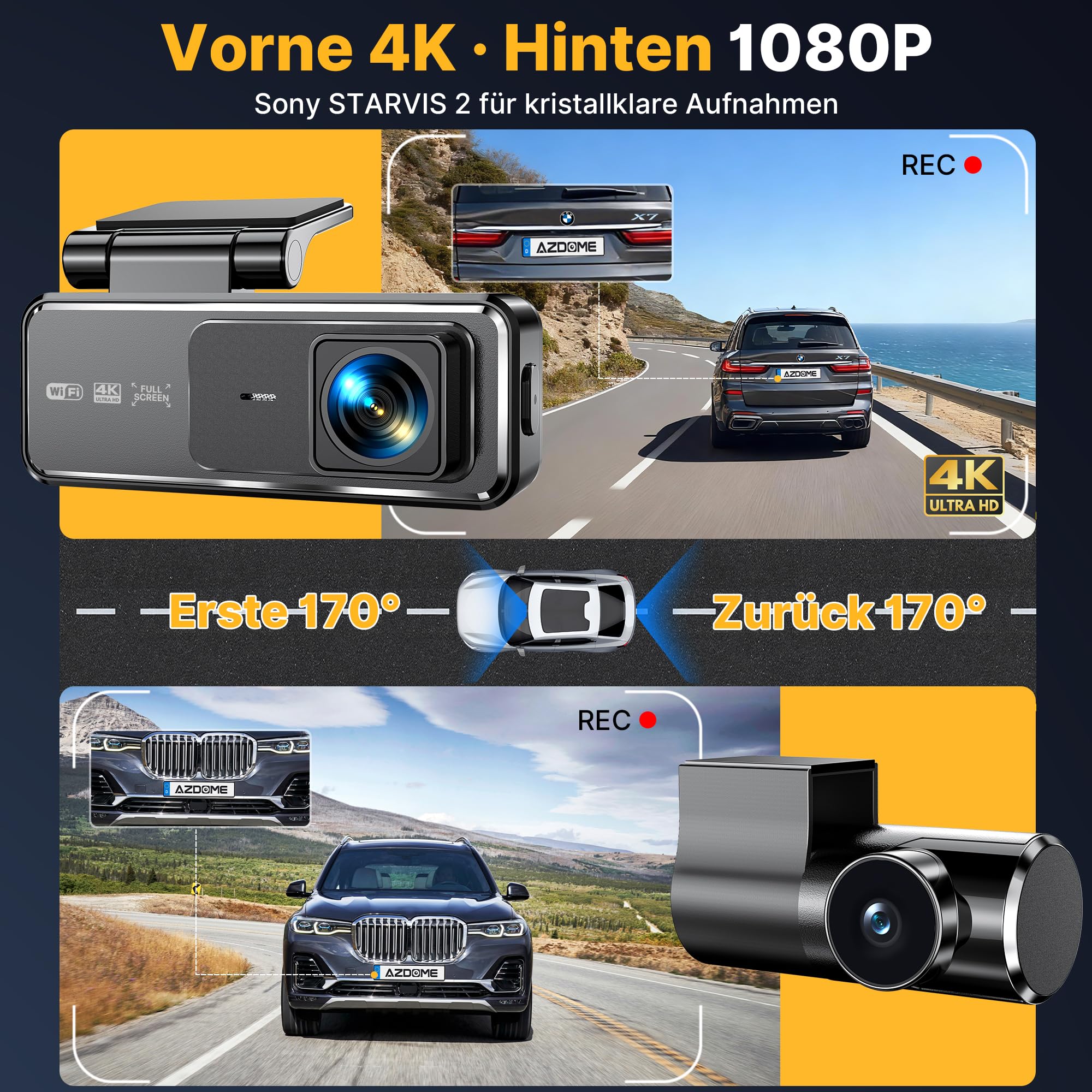 Dashcam Voiture Avant Arrière 4K+2K, Caméra Embarquée Voiture avec Carte SD 64Go Gratuite, Capteur G, WiFi App, Super Vision Nocturne, Mode Parking 24H, Enregistrement en Boucle Dashcam