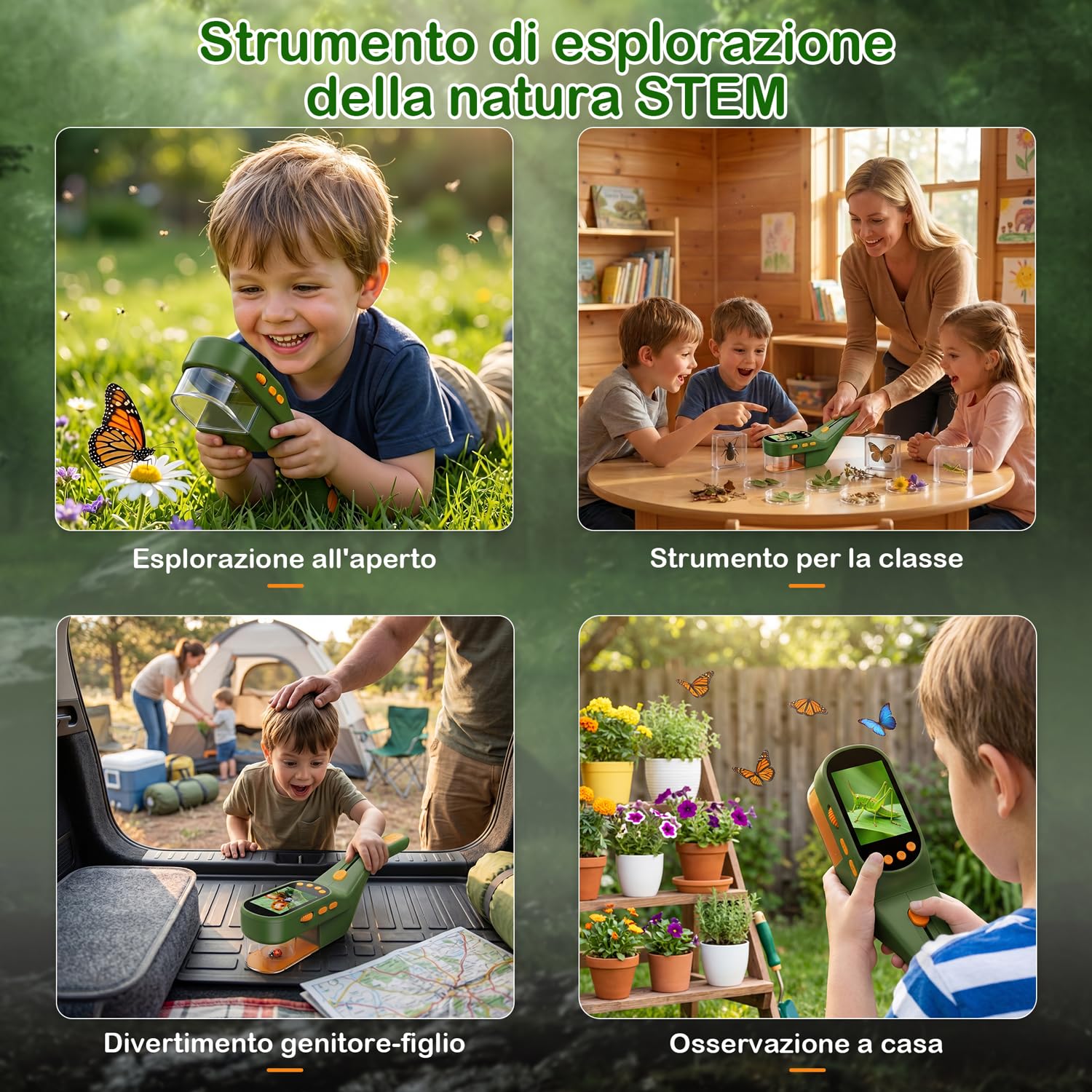 CIMELR Cattura insetti 2,4" HD microscopio – giocattolo natura per bambini | Cattura insetti batteria 1000mAh, 8 LED, fotocamera 1080P, proiezione PC, kit STEM 3-12 anni