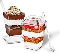 Vista 1 de Stock Your Home Paquete de 100 tazas de postre de plástico transparente de 5 onzas con tapas y cucharas, taza cuadrada para parfait con tapa
