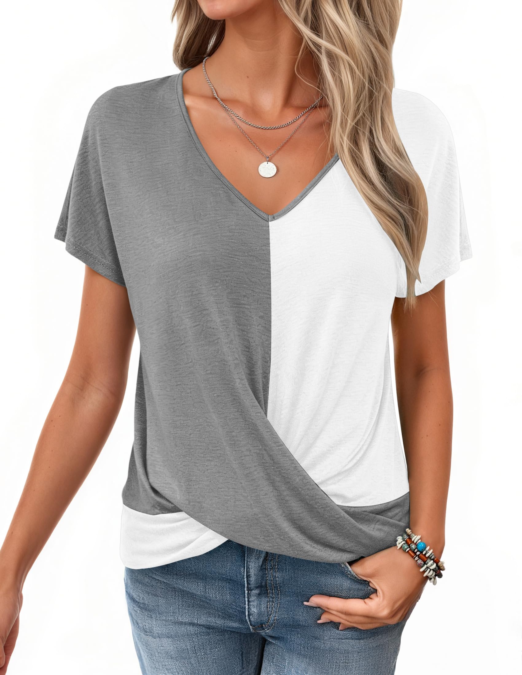 WNEEDU Tshirt Damen Sommer-V Ausschnitt Kurzarm T-Shirt Damen Elegant Twist Front Oberteile Bluse Basic Top lässige