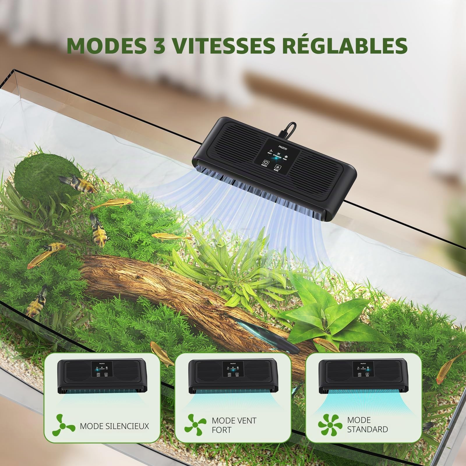 PAIZOO Ventilateur de Refroidissement pour Aquarium avec 3 Modes de Vitesse, Refroidisseur d'eau pour Axolotl Accessoires de réservoir d'eau Douce et salée, 6,4 W