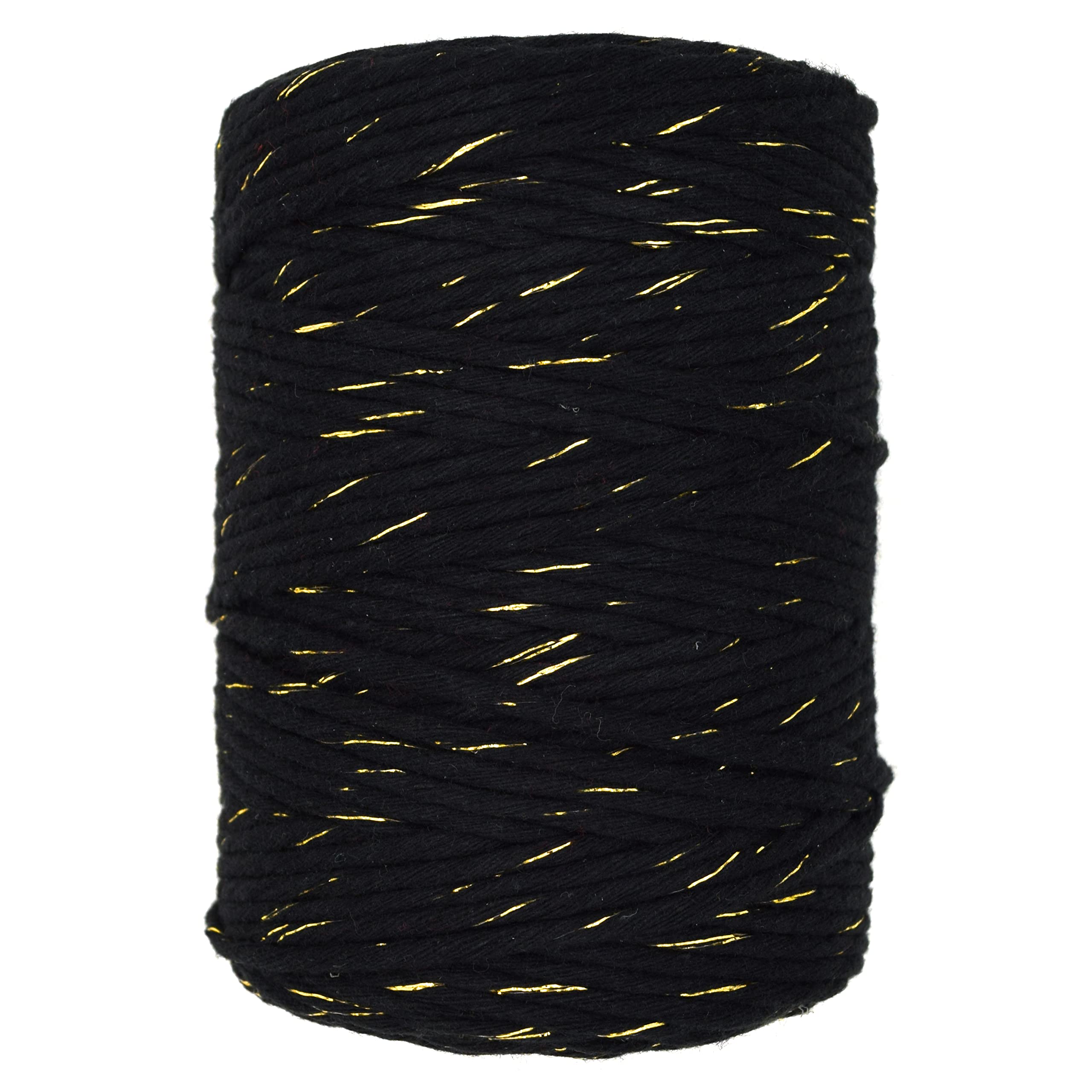 Macrame Cord Twine Natural Cotton String Craft Artisan Thread Twisted Macramé (Black with Gold Thread, 3 mm x 200 m / 656 ft)