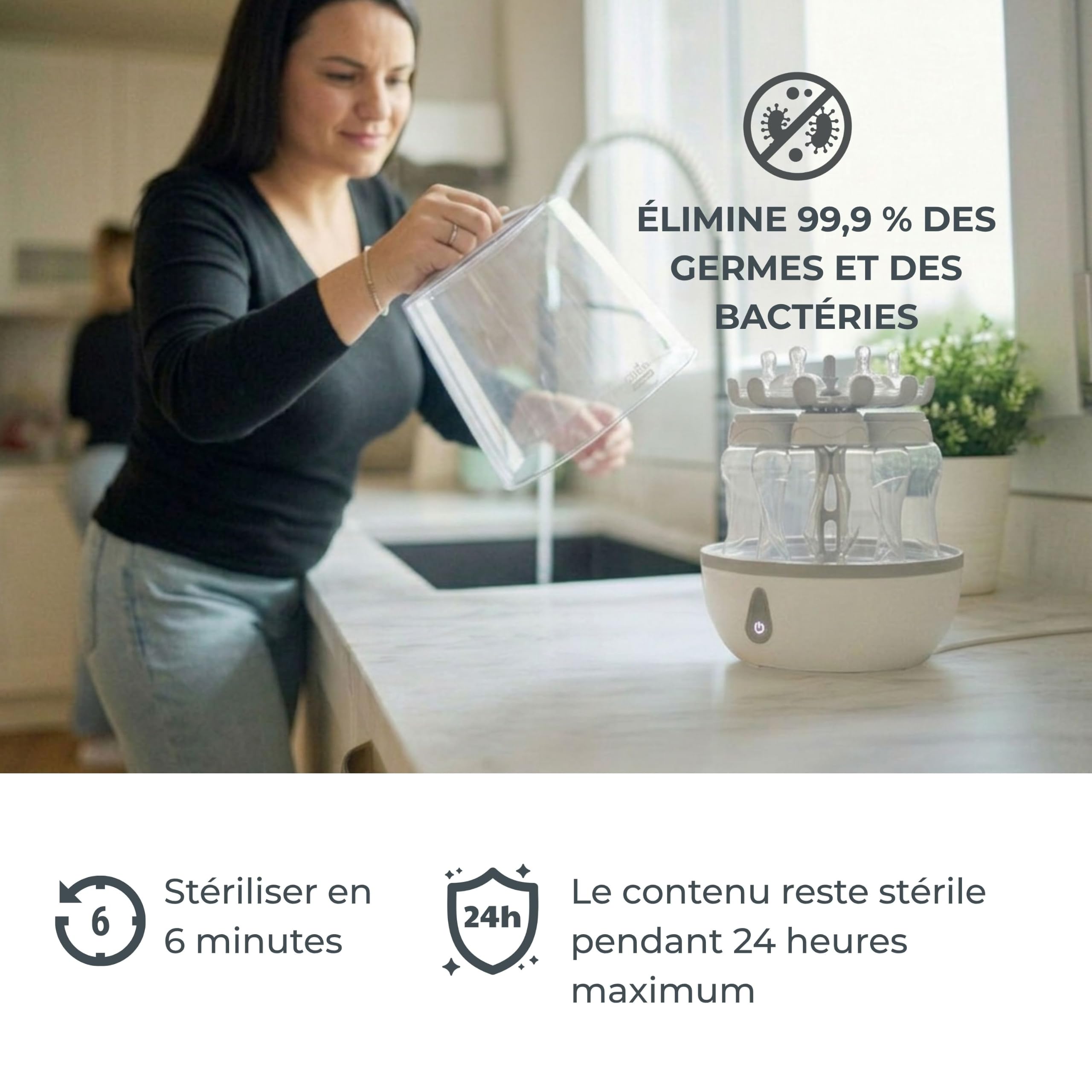 Nuvita STERIEASY 1083 - Sterilisateur Biberons Electrique à Vapeur - Stérilise 6 Biberons en 6 min - Plateau Chauffant en Inox Facile à Nettoyer - Sans BPA - Marque Européenne