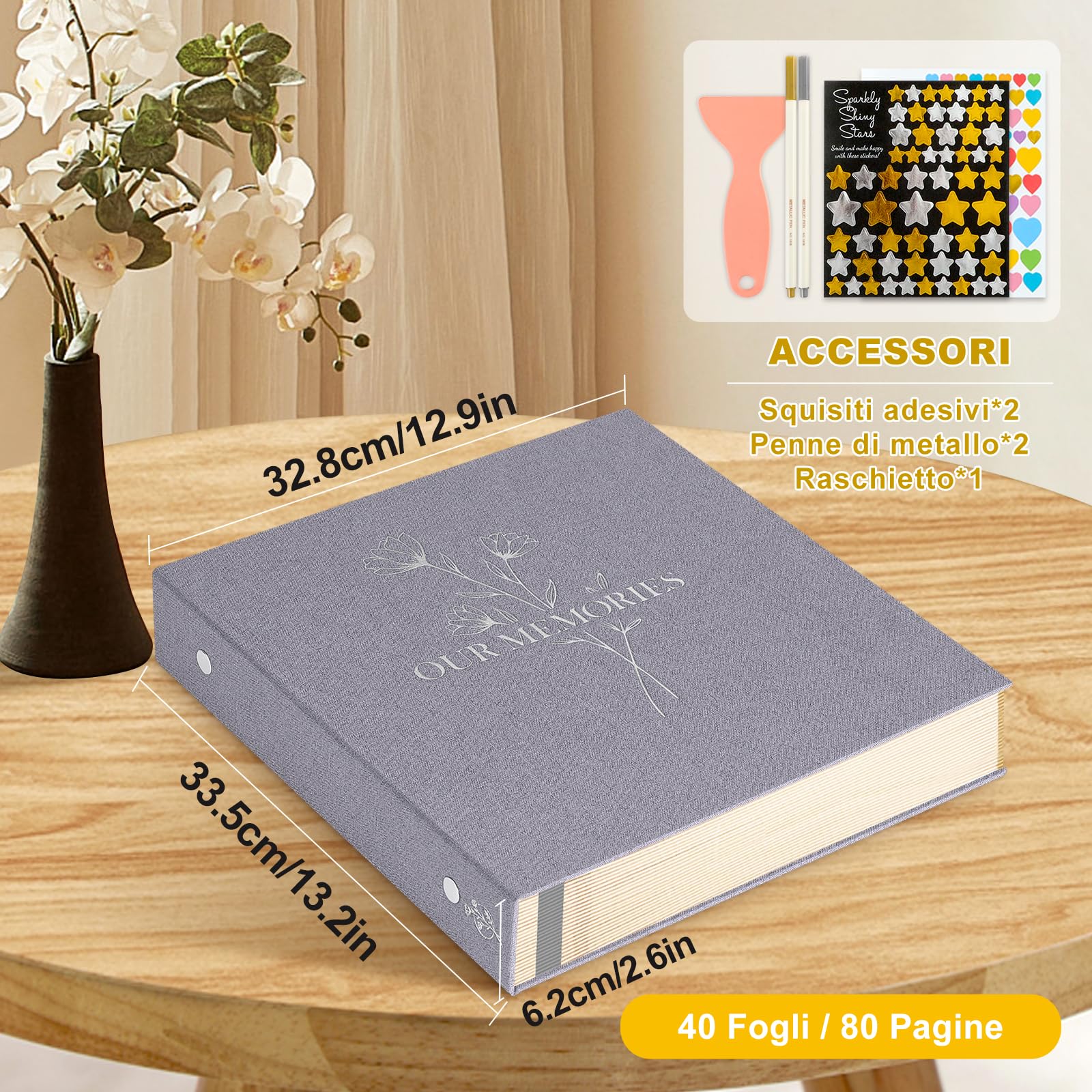 Lanpn Album fotografico autoadesivo, Grandi OURMEMORIES album di foto in lino pagine magnetiche appiccicose, contiene diverse dimensioni 10x15cm 13x18cm immagini A4 A5 (40 fogli / 80 pagine, Grigio)