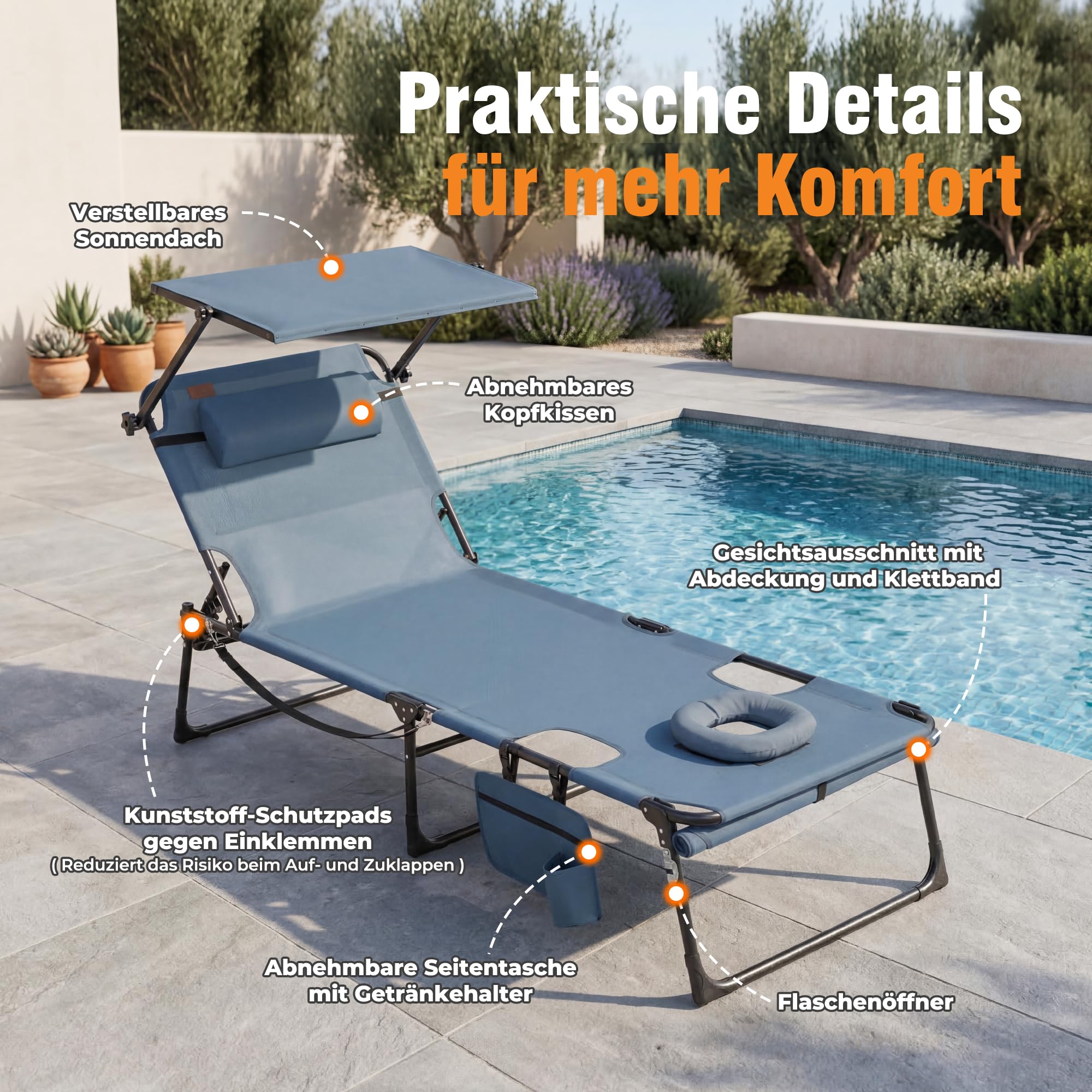 Homecall Leżak XXL z otworem na twarz i daszkiem przeciwsłonecznym, 200 x 70 cm, leżak ogrodowy dla wygodnej pozycji na brzuchu, składany leżak z 4-stopniową regulacją oparcia, do 180 kg (1, niebieski