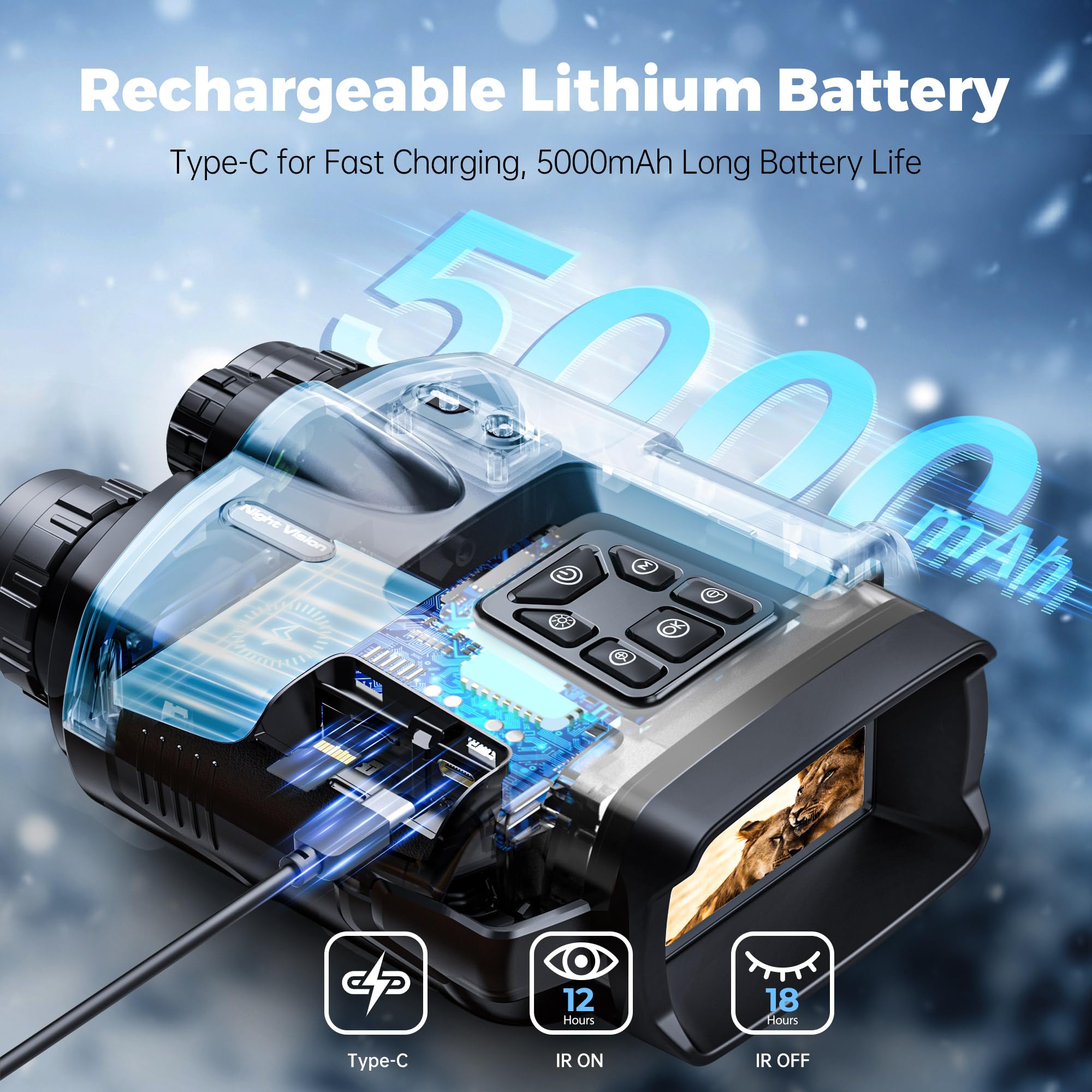 Letcmoi Jumelle Vision Nocturne Infrarouge - Vision Jusqu'à 600M 8X Zoom dans l'obscurité à, 5000mAh Rechargeable 4K Lunette Vision Nocturne, IP65 Imperméable, Carte TF 32 Go, pour Chasse Camping