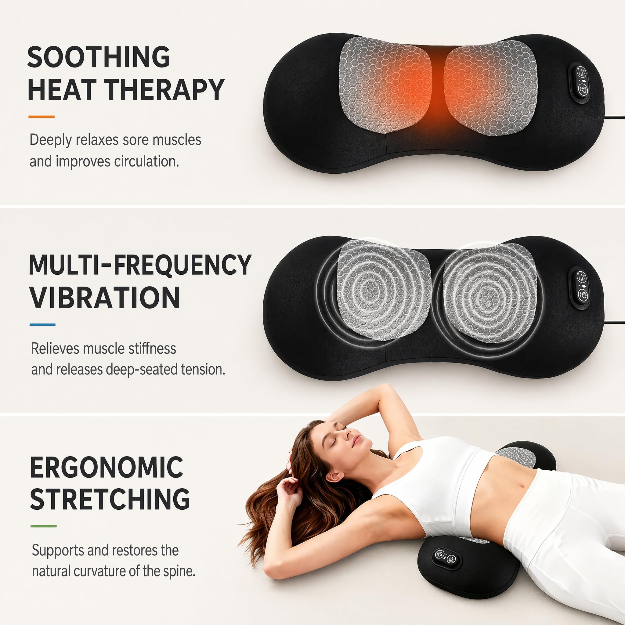 3 in 1 Rückenmassagegerät mit Massage und Wärme | Ergonomische Lendenstütze aus Memory Foam, Rückenstütze für Büro Auto und Zuhause mit Air Lift Funktio