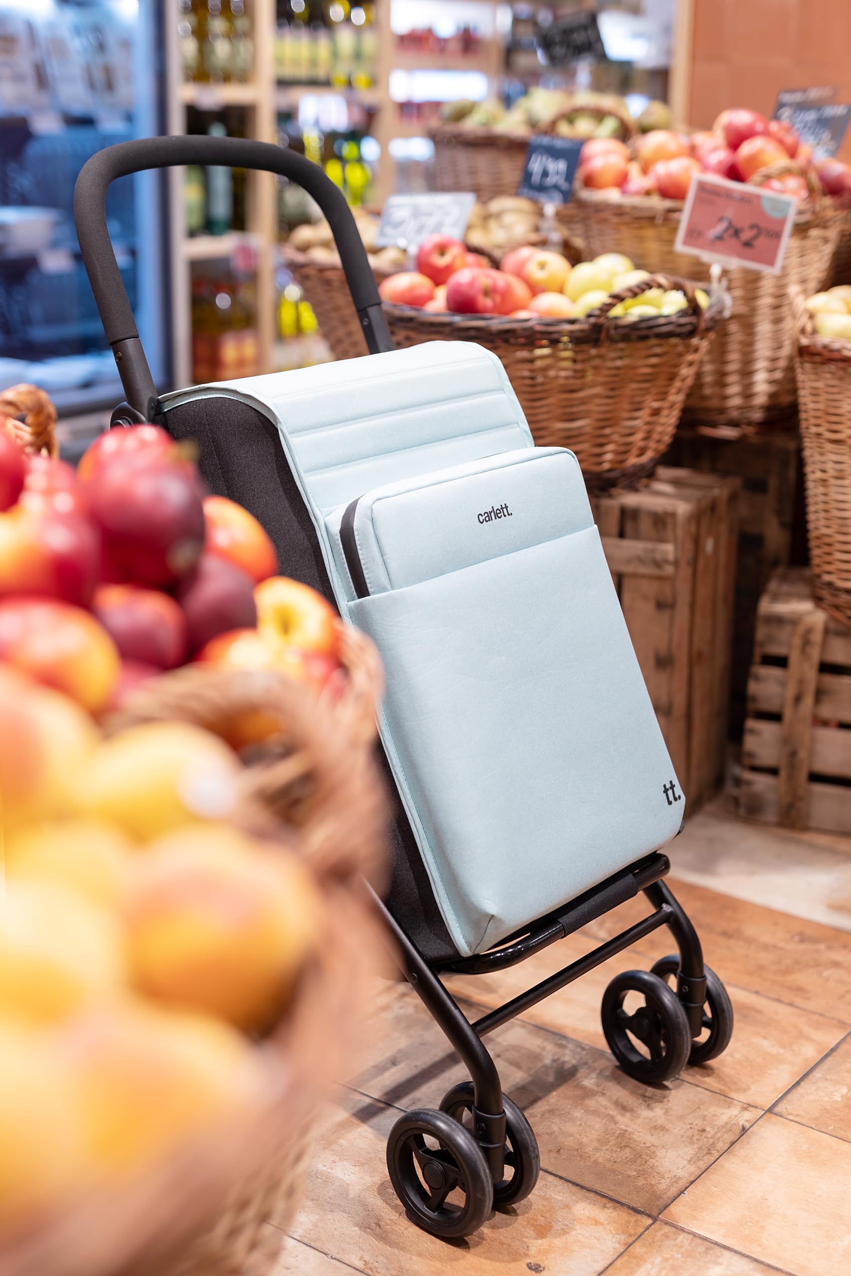 Carlett Faltbarer Einkaufstrolley mit 4 Rädern, erweiterbarer Tasche 62 L, 12‑L‑Thermofach, höhenverstellbarem Griff, Sicherheitsbremse und 360°-drehbaren Rädern – Urban Family, Schwarz