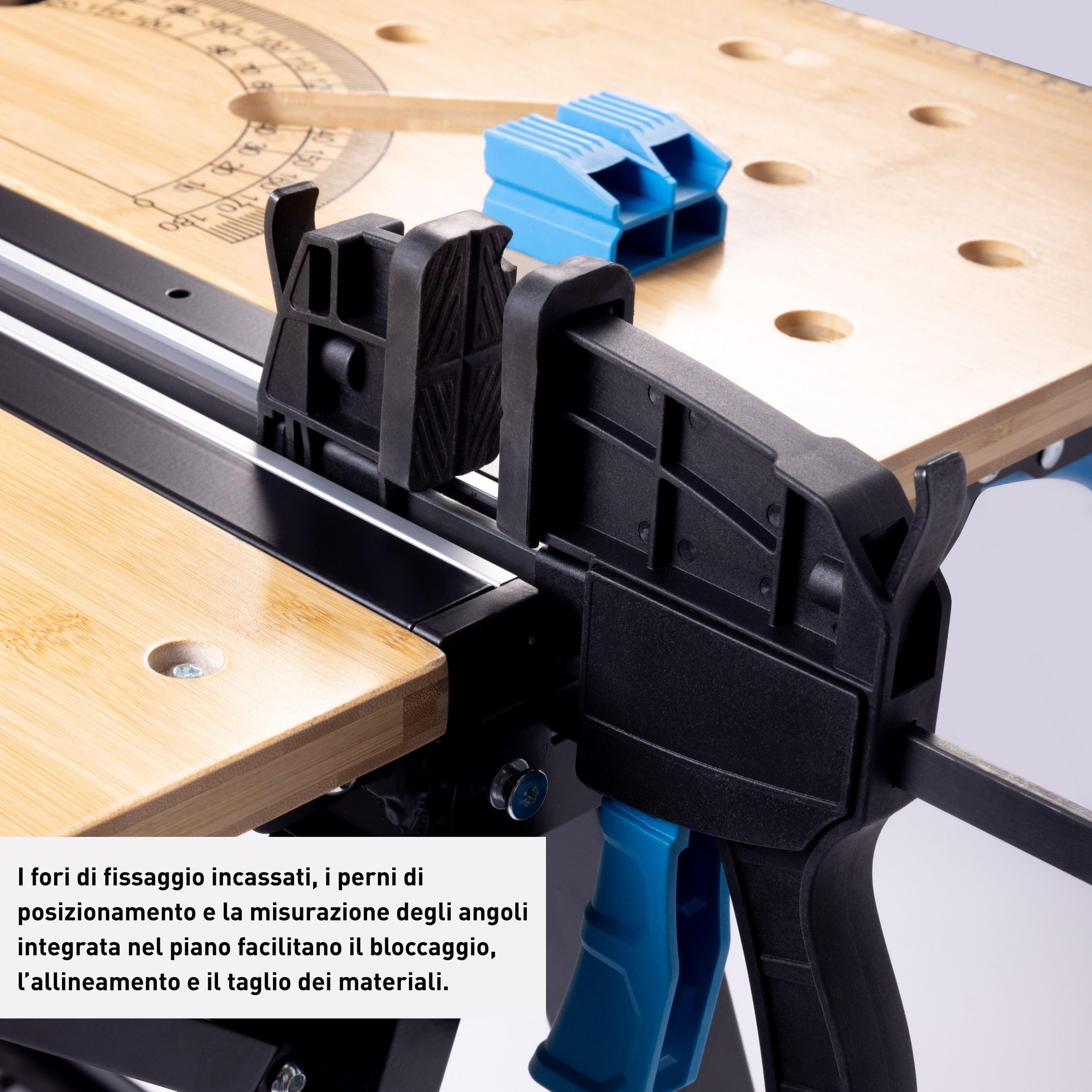 HÖGERT TECHNIK Tavolo da officina pieghevole, 700 x 650 x 915 mm, con piastra in bambù, regolazione in altezza a 5 livelli, capacità di carico 450 kg, fori, raccordi e morsetti di serraggio