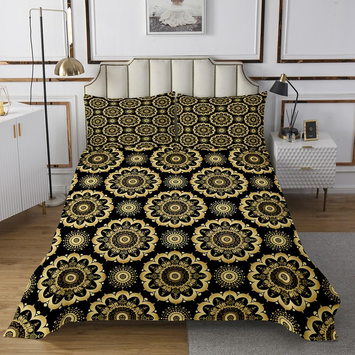 jejeloiu Paisley Coverlet Set Queen Size Damask Pattern Bedspread for Kids Boys Girls Black Gold Bedding Set European Pattern Bed Cover 3Pcs