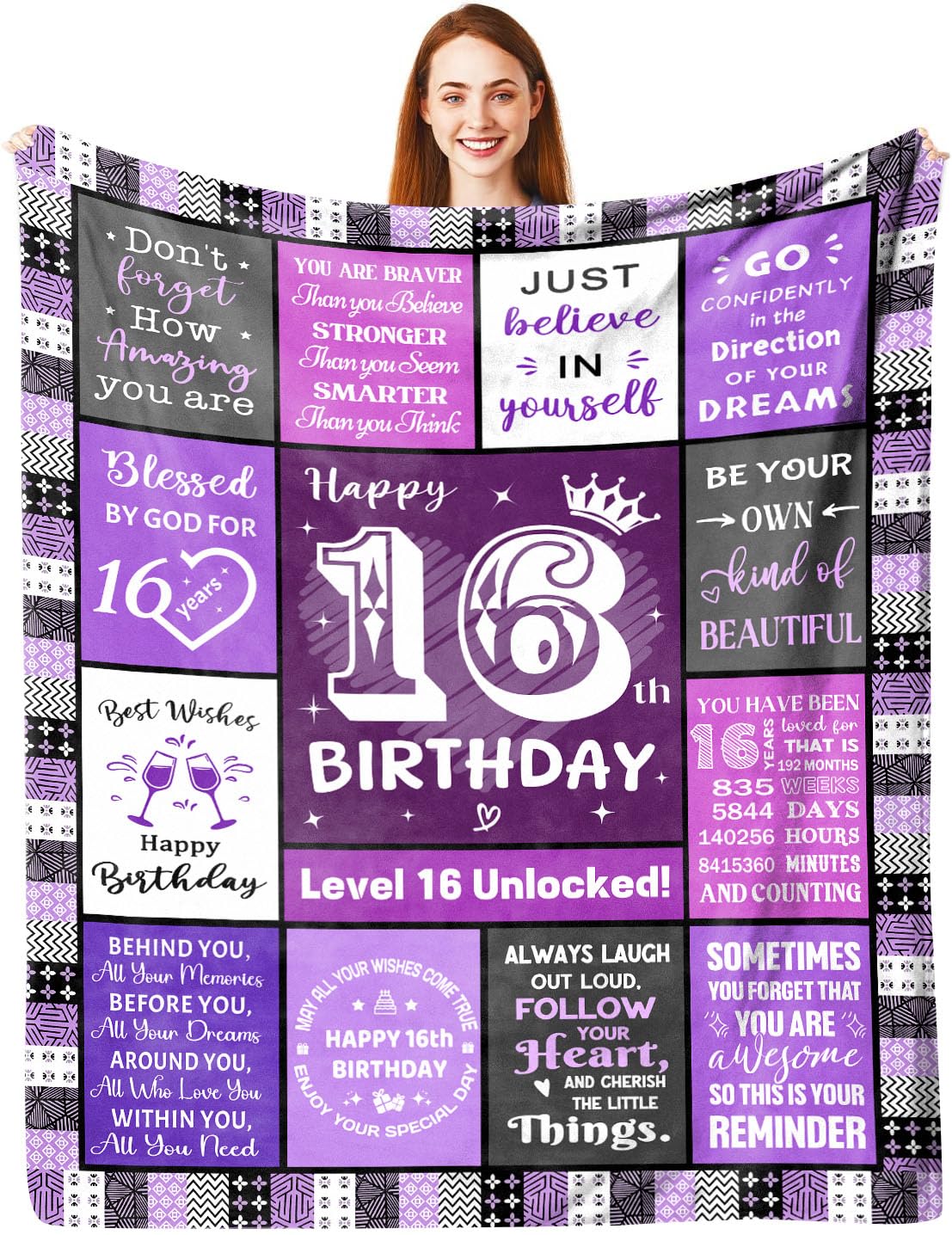 16th Birthday Gifts for Girls 150 x 130 cm | Personalised Girl 16 Year Old Birthday Blanket Flannel Throw, Sweet 16 Bday Decorations Present for Her Sister Daughter Best Friend