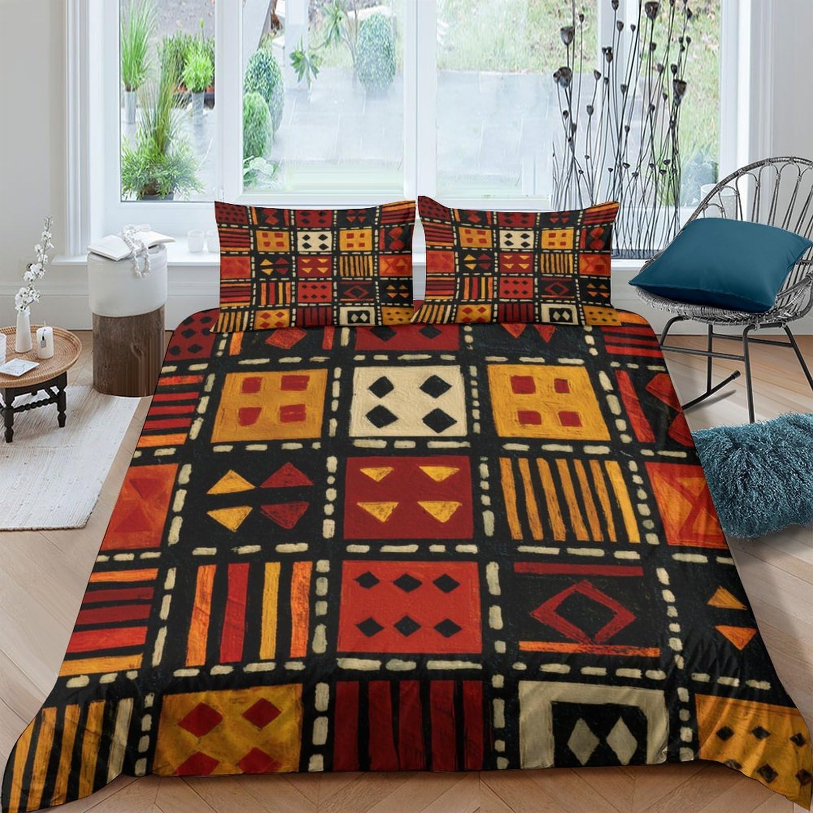 TUFRTGYHN 3D Printed African Tribal Geometric Duvet Cover Microfiber Soft Breathable Ethnic Bedding Set with 2 Pillowcases for Bedroom Decor Single（135x200cm）