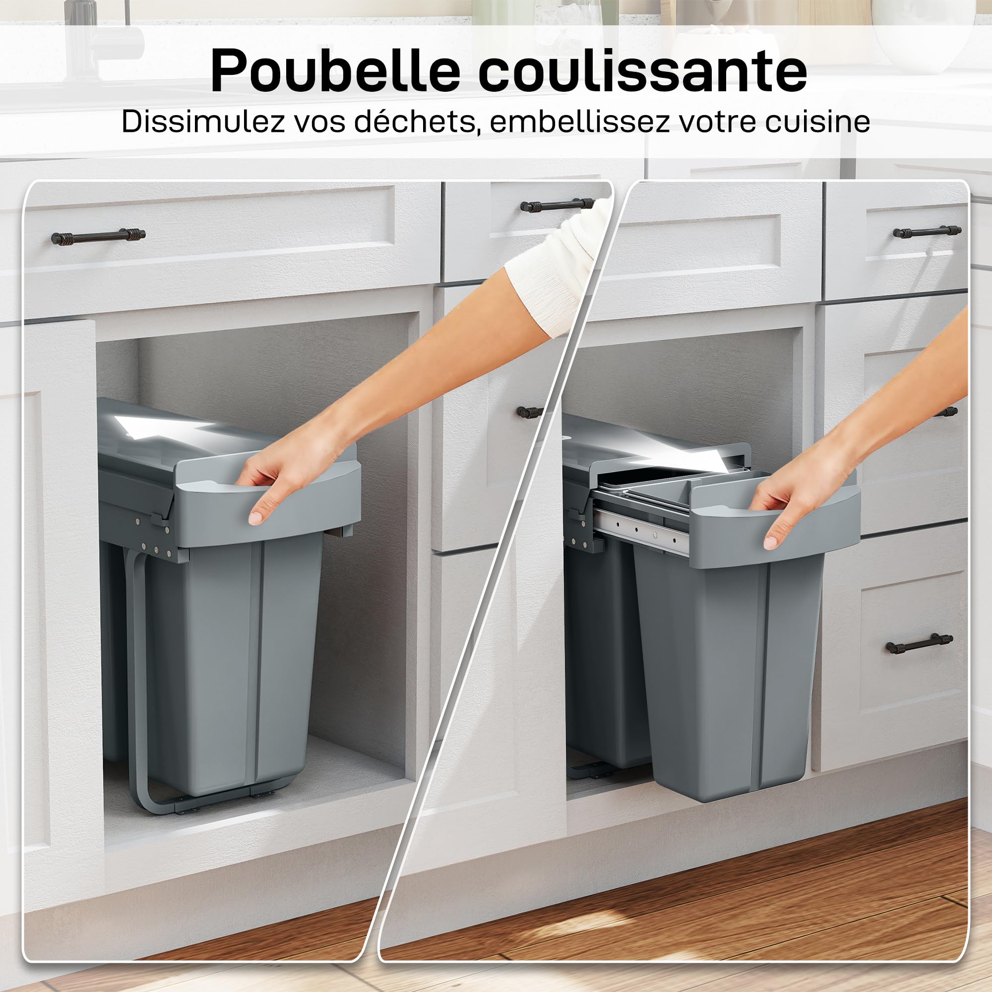 HOMCOM Poubelle Cuisine Coulissante Encastrable 30L Couvercle Motif Losange | 2 Compartiments Amovibles, Poubelle Sous Évie, Coulissement Fluide, Poignée, pour Déchets Recyclage