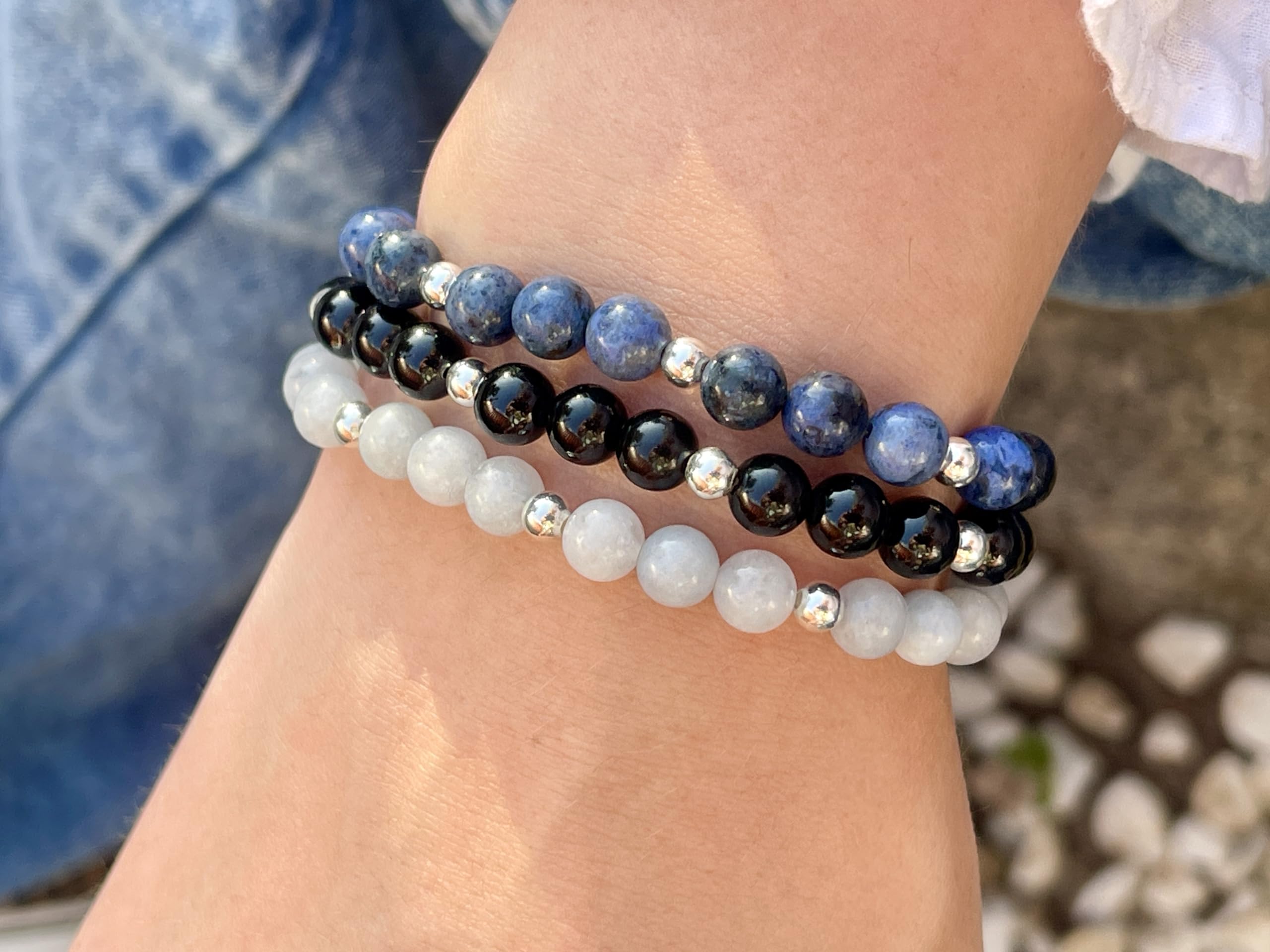 Dumortierit Armband Perlen echt 6mm mit Edelstahlperlen 4mm Silber Gold Roségold oder Ionisiert - Handmade Perlenarmband Mut Geduld Zuversicht - Spiritueller Schmuck Unisex