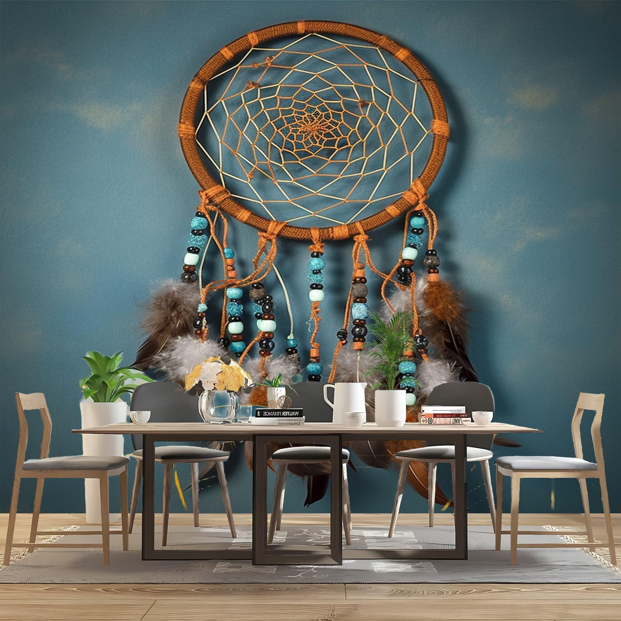 Wand Art Dekoration Fototapete TraumfäNger BohèMe Stil Federn Vlies Tapeten XXL Moderne Wandtapete für Wohnzimmer Schlafzimmer Blau Vliestapete Wandtapete 3D Effekt Wandbilder 250x175 cm