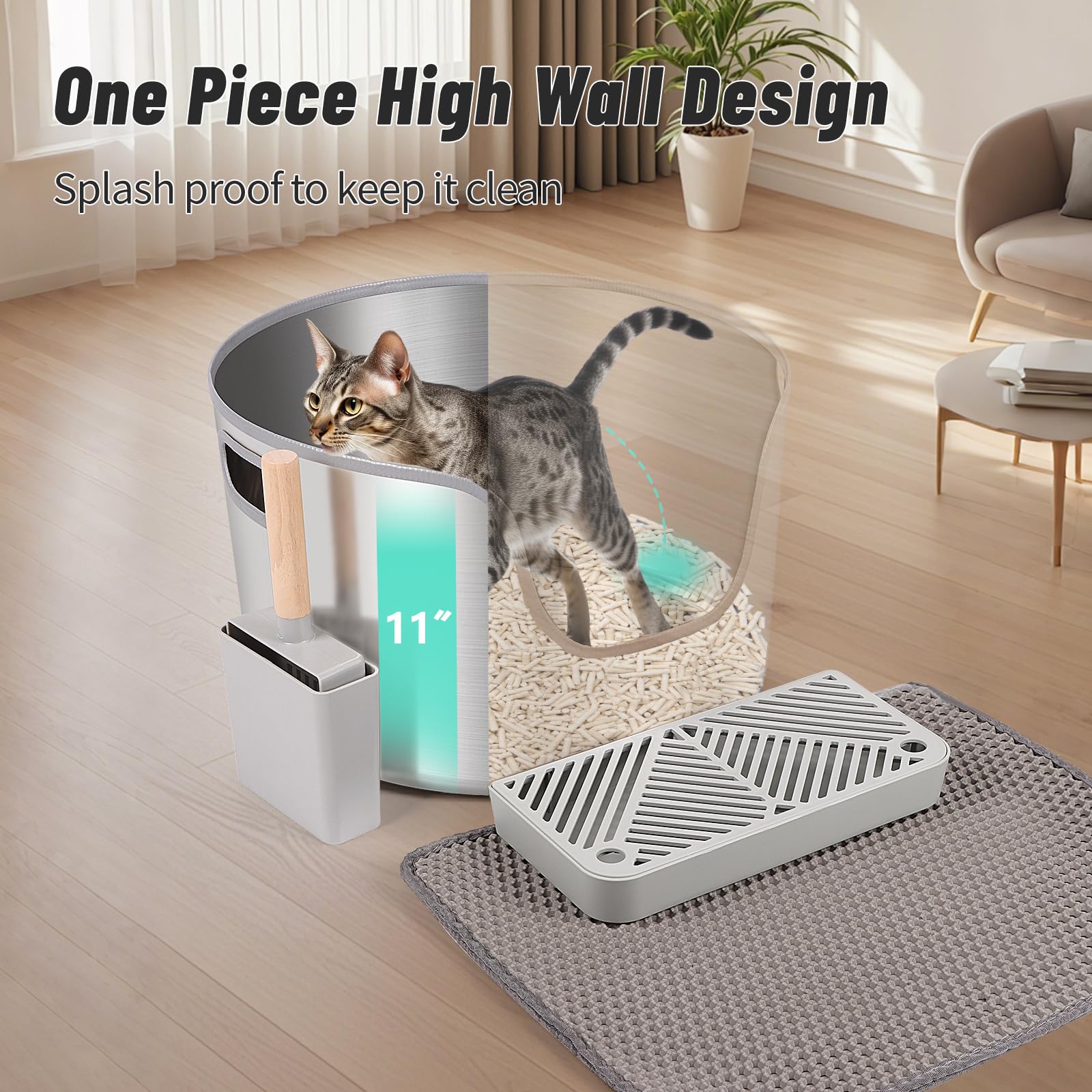 Bartuke Kattenbak van roestvrij staal, ronde metalen kattenbak met hoge randen met schep, filterpedaal en kattenbakmat, niet plakkerig, geurvrij, gemakkelijk schoon te maken