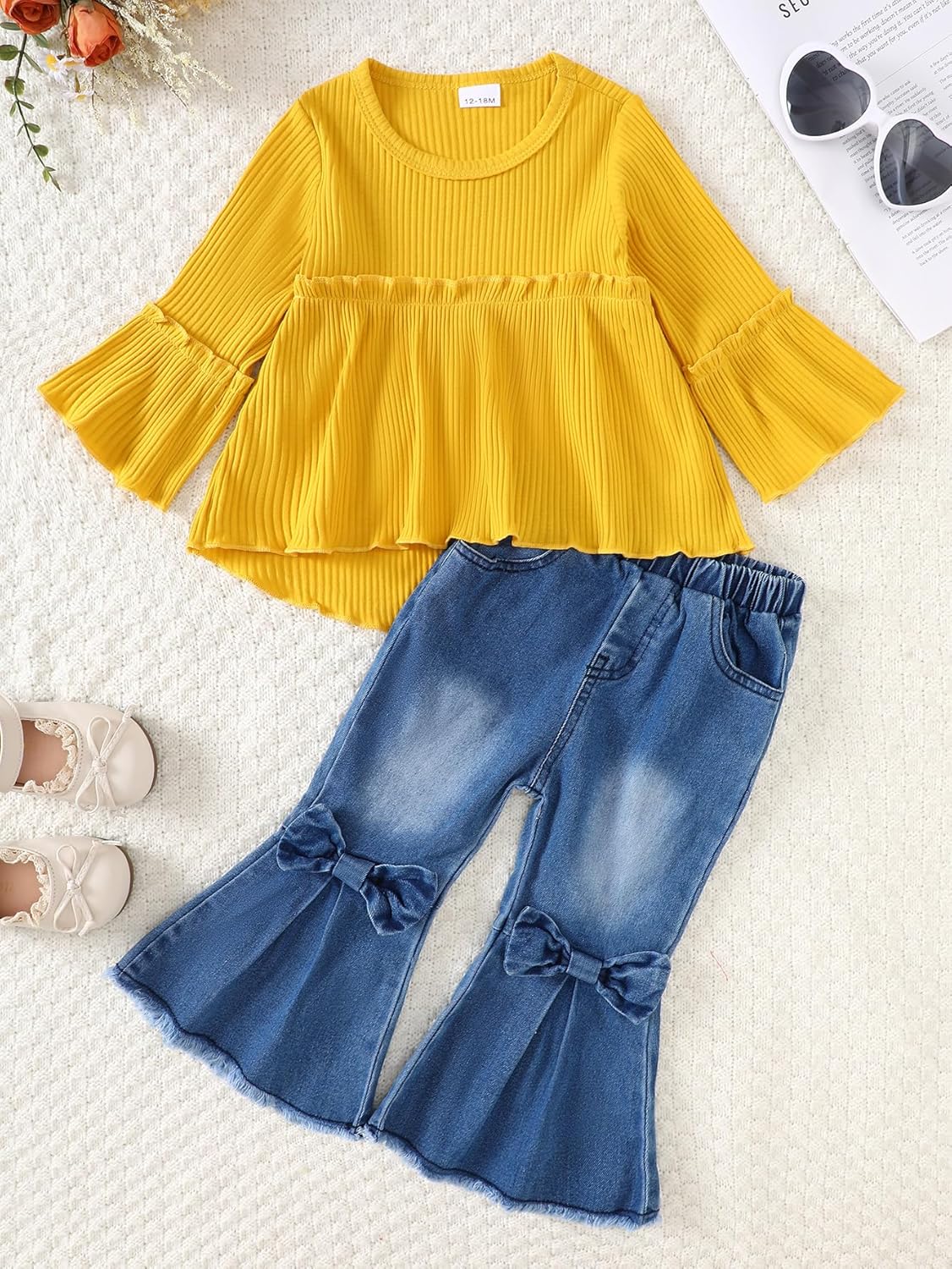 Willow Dance Toddler Baby Girls Outfits Long Sleeve Ruffled Shirt Top Flare Denim Jeans Cute 2Pcs Fall Winter Clothes - Image 2
